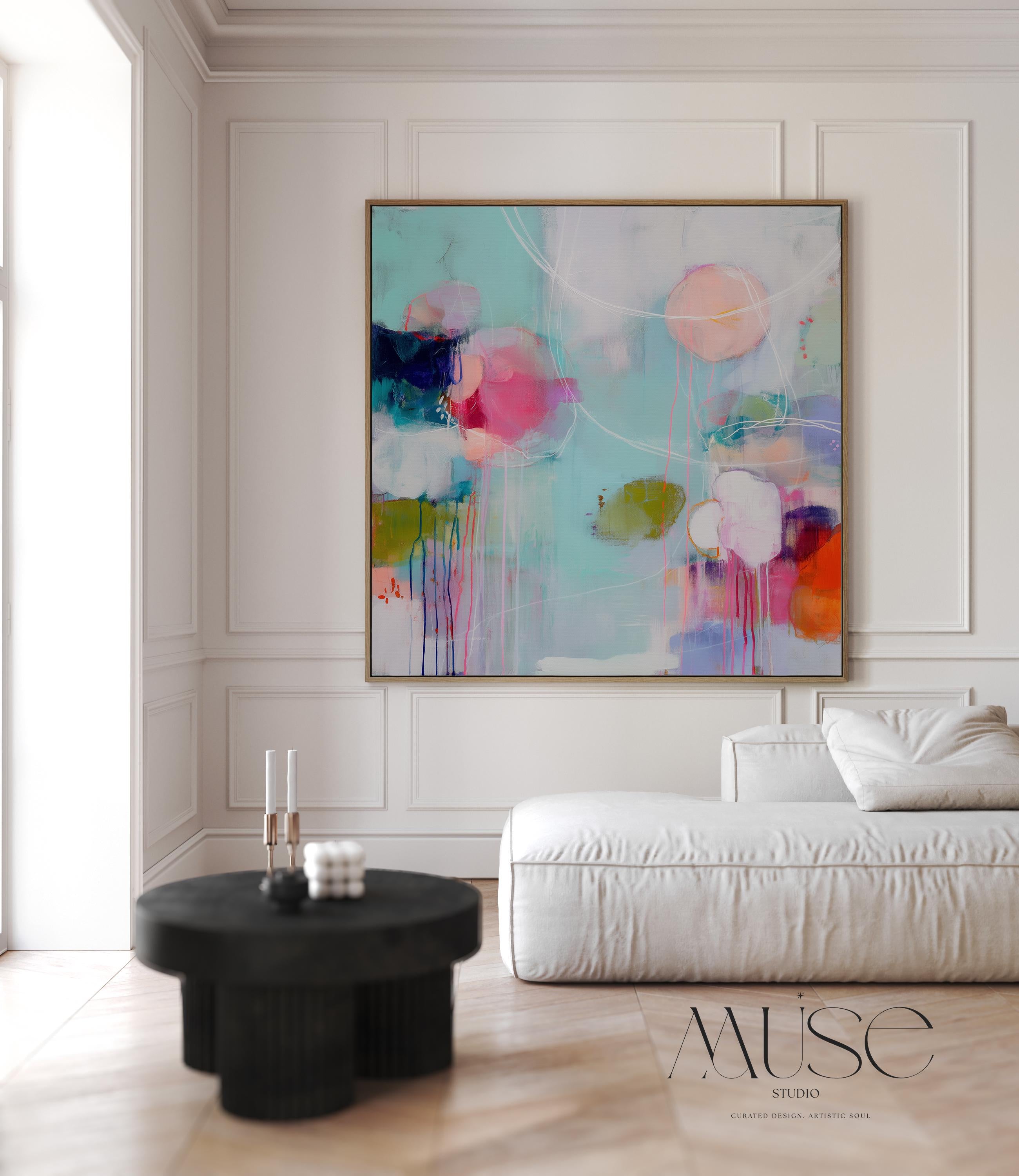 Framed Canvas Wall Art Abstract Color Pop in Pink Aqua Orange Oversized Modern Decor for Living Room or Office Statement Art 463 Framed Canvas Art Colorful abstract wall art on framed canvas, perfect for bold decor art and modern wall decor. Large statement piece with expressive brushstrokes and rich textures. Ready-to-hang giclée canvas designed to energize living rooms, offices, bedrooms and curated interiors. Muse Studio Decor Art.