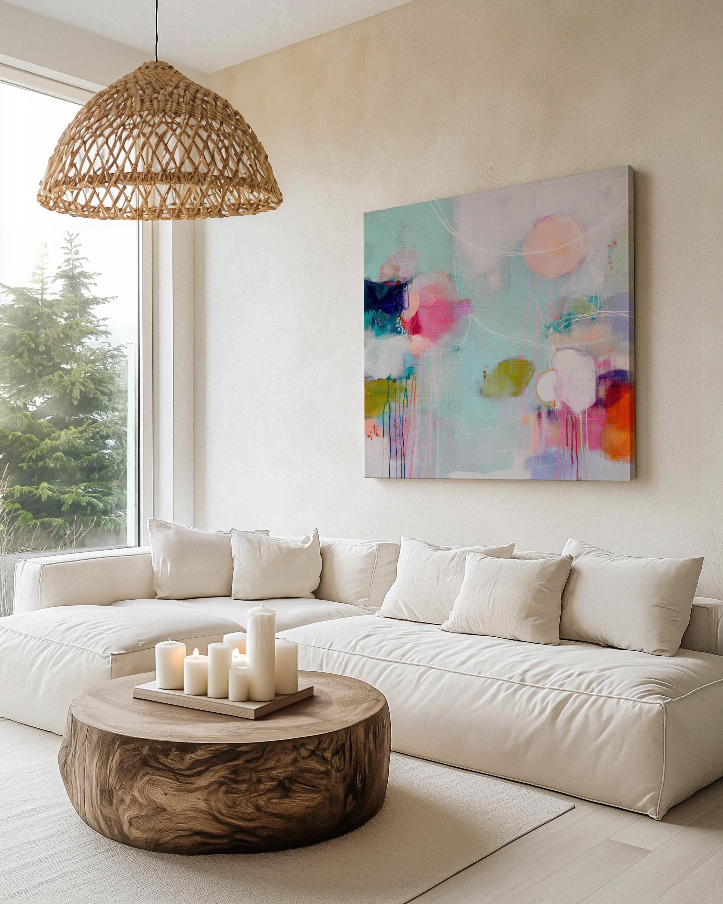 Large horizontal oversized abstract canvas wall art by Muse Studio featuring vibrant pink, aqua, and citrus tones, printed with museum-grade giclée inks on premium artist canvas and hand-stretched over solid wood bars for gallery-quality presentation in living room and office interiors.