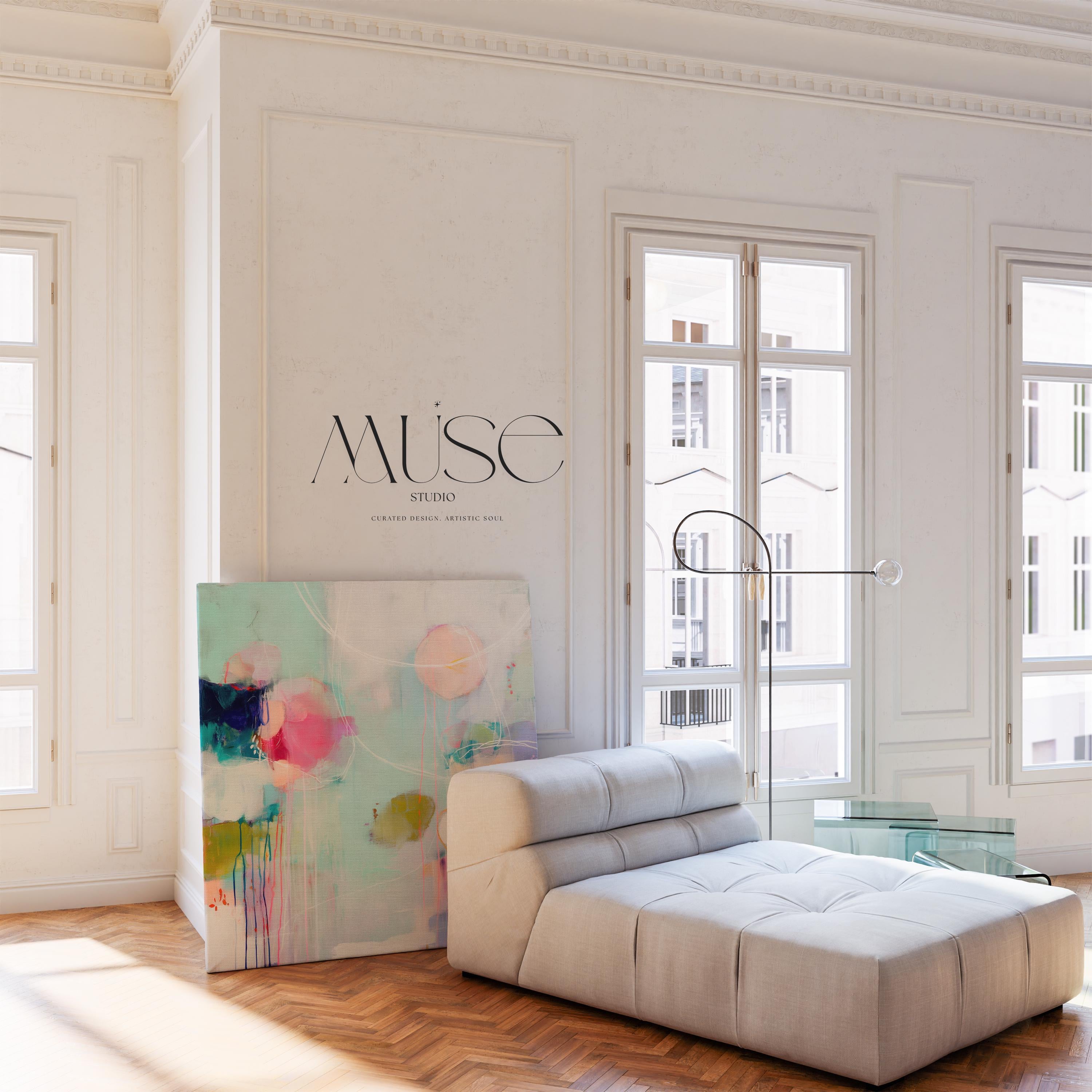 Large horizontal oversized abstract canvas wall art by Muse Studio featuring vibrant pink, aqua, and citrus tones, printed with museum-grade giclée inks on premium artist canvas and hand-stretched over solid wood bars for gallery-quality presentation in living room and office interiors.