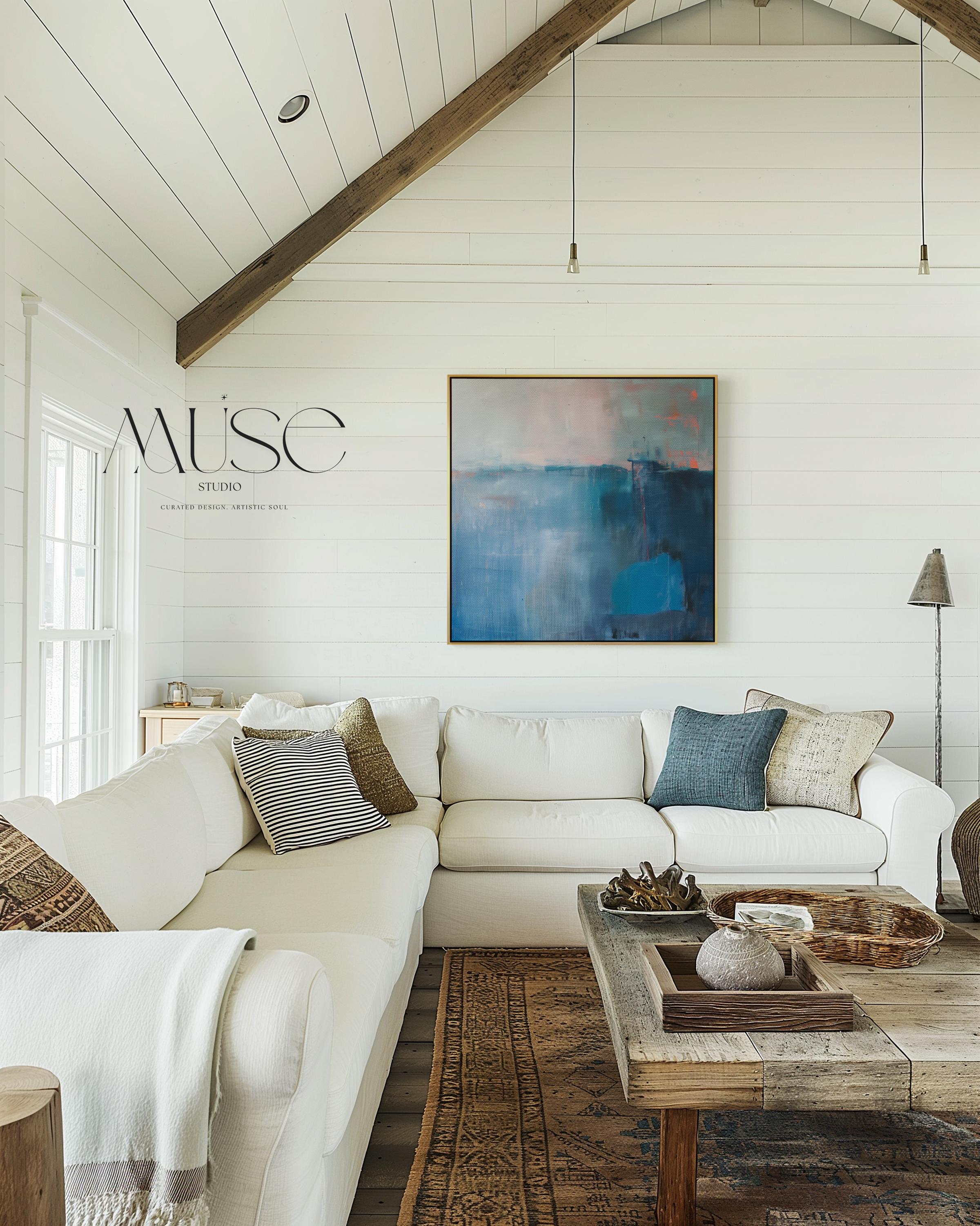 Framed Canvas Wall Art Blue Abstract Painting with Warm Neutrals Modern Transitional Decor Soft Contemporary Style for Living Room 403