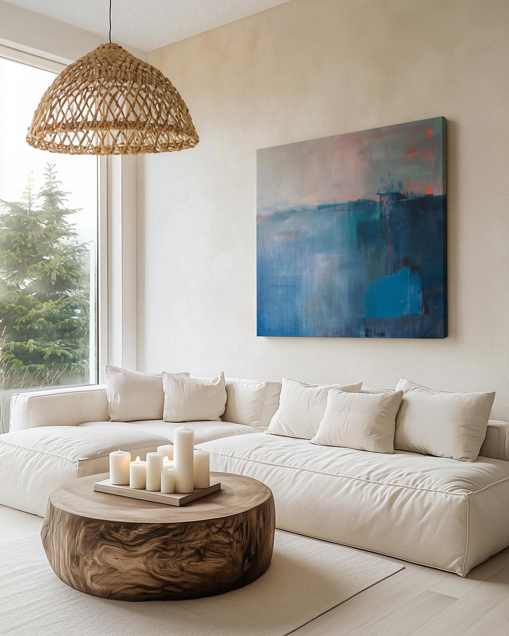 Oversized Canvas Wall Art Blue Abstract Painting with Taupe and Blush Neutral Modern Decor for Living Room Office Soft Minimalist Style 403