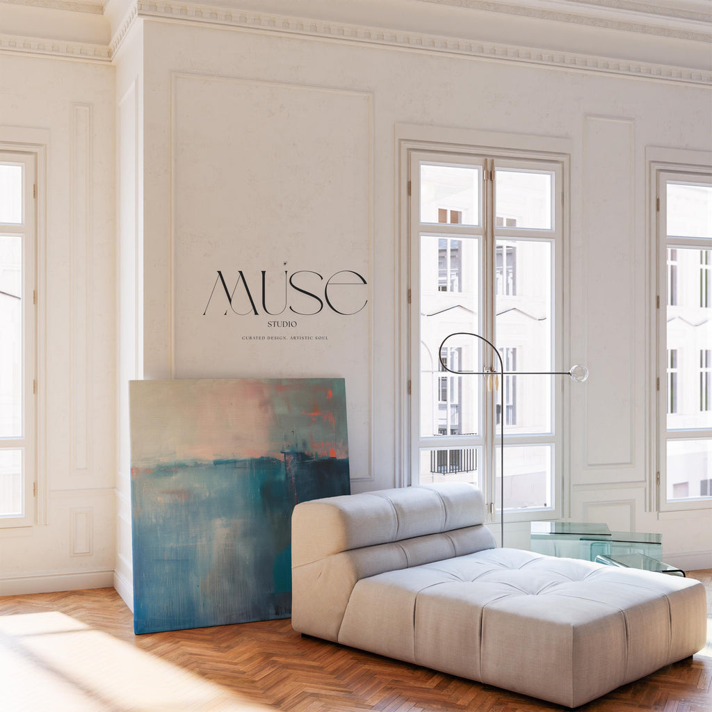 Oversized Canvas Wall Art Blue Abstract Painting with Taupe and Blush Neutral Modern Decor for Living Room Office Soft Minimalist Style 403