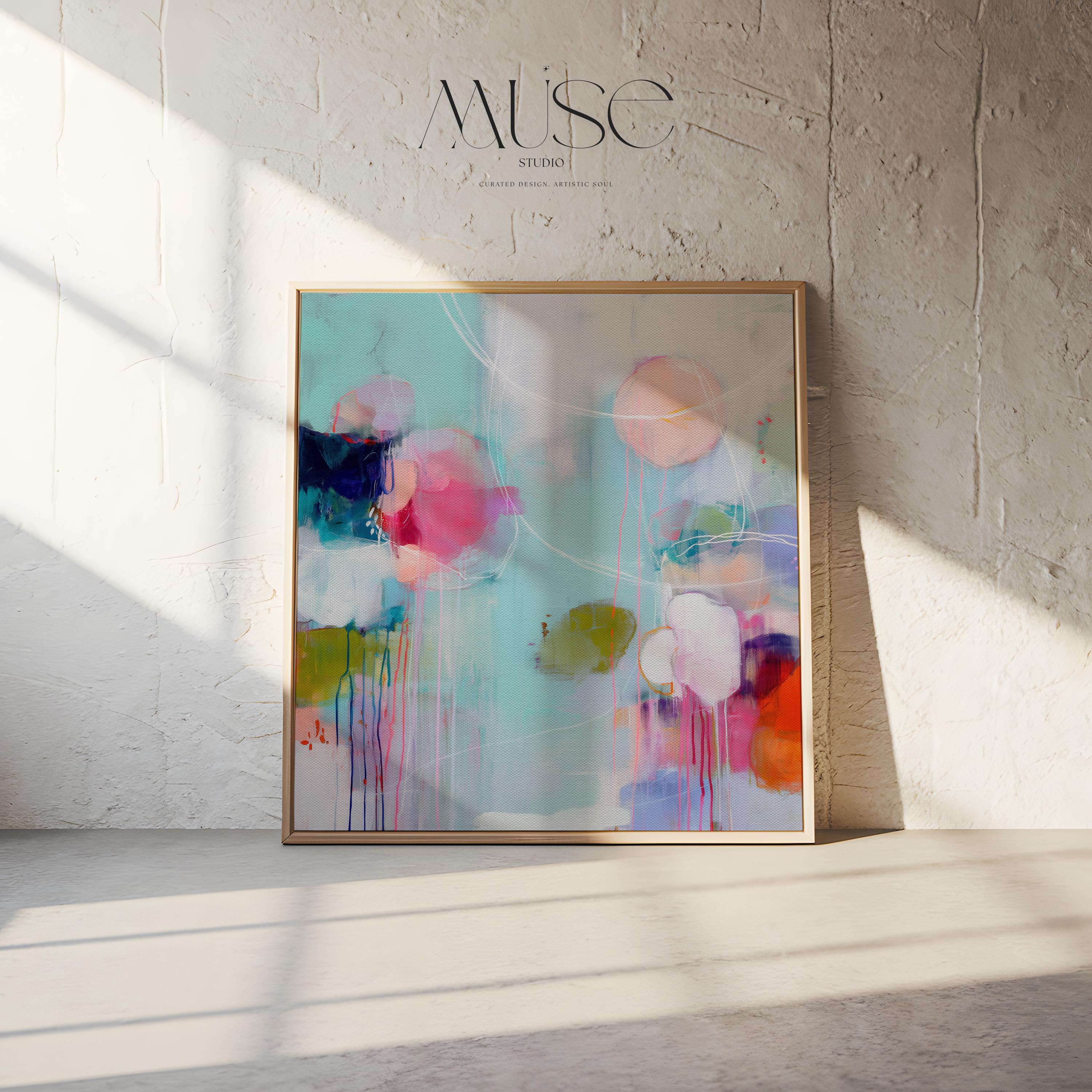Framed Canvas Wall Art Abstract Color Pop in Pink Aqua Orange Oversized Modern Decor for Living Room or Office Statement Art 463 Framed Canvas Art Colorful abstract wall art on framed canvas, perfect for bold decor art and modern wall decor. Large statement piece with expressive brushstrokes and rich textures. Ready-to-hang giclée canvas designed to energize living rooms, offices, bedrooms and curated interiors. Muse Studio Decor Art.