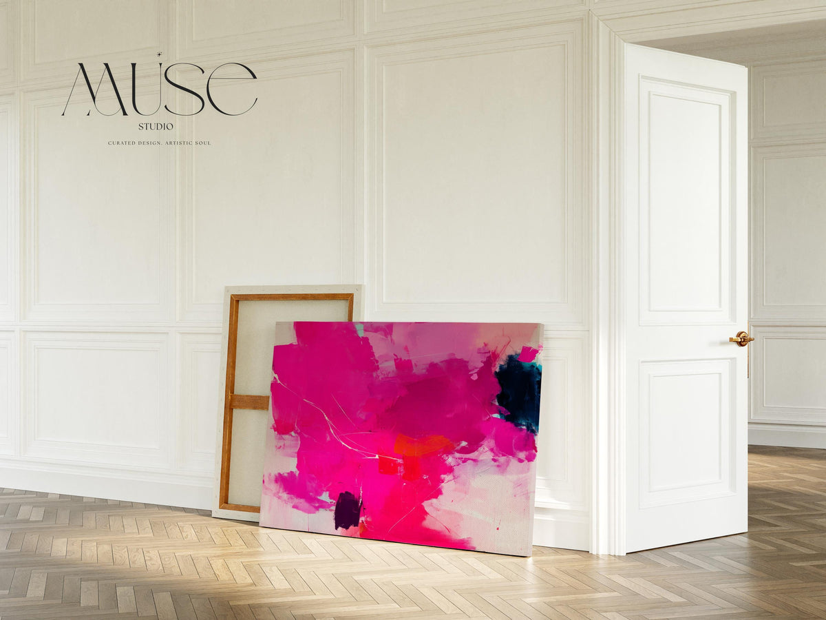 Oversized Canvas Wall Art Bold Abstract Painting Hot Pink and Navy Contemporary Color Pop Decor for Living Room Statement Dopamine Art 445 Stretched Canvas Art Large abstract wall decor on stretched canvas, gallery-wrapped and ready to hang. Perfect for colorful wall art in living rooms, office spaces, and design projects. Giclée canvas print with bold brushwork and vibrant modern style for impactful home decor. Muse Studio Decor Art.