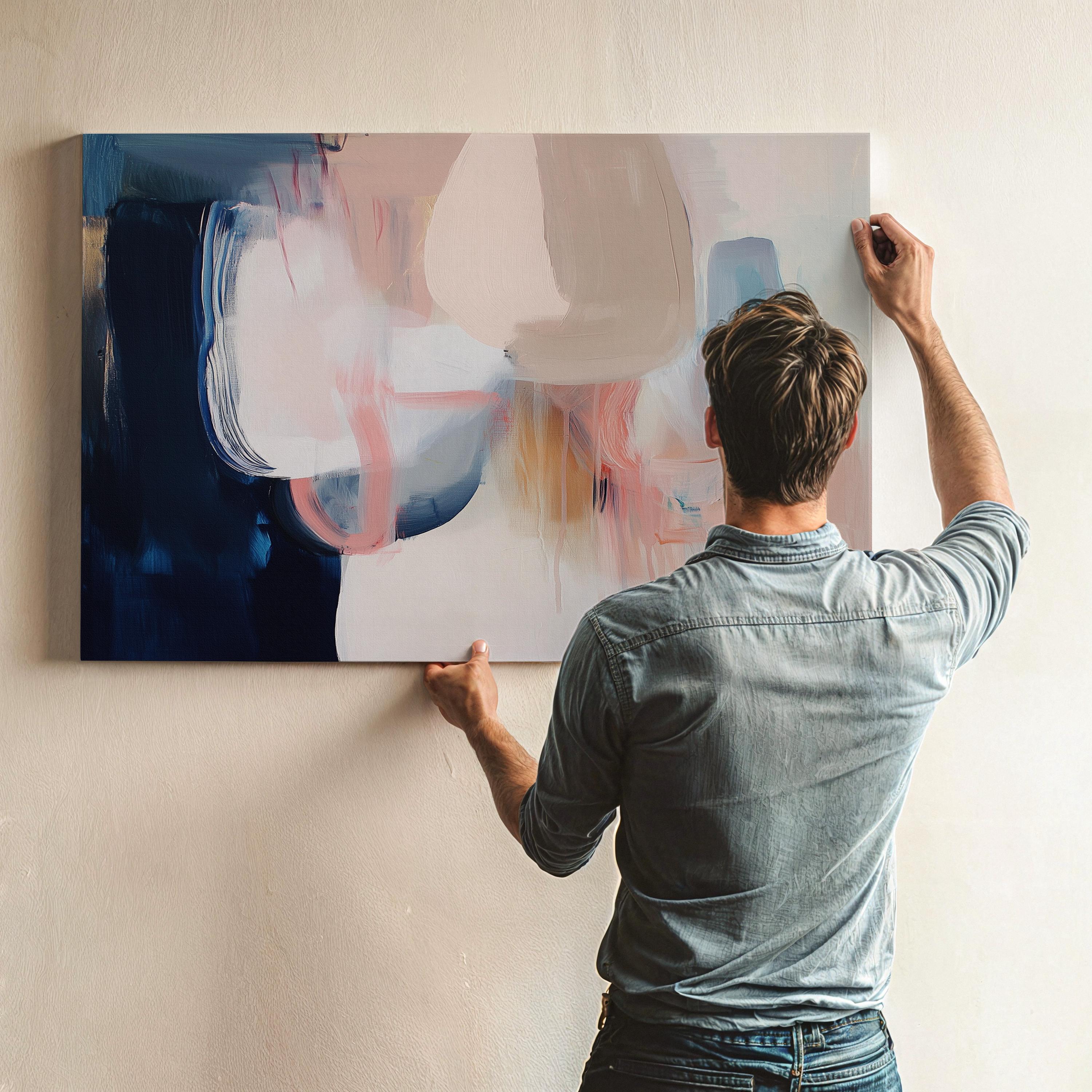 Oversized Canvas Wall Art Neutral Abstract Painting Navy Blush Beige Soft Contemporary Decor for Living Room or Office Statement 439 Stretched Canvas Art Large abstract wall decor on stretched canvas, gallery-wrapped and ready to hang. Perfect for colorful wall art in living rooms, office spaces, and design projects. Giclée canvas print with bold brushwork and vibrant modern style for impactful home decor. Muse Studio Decor Art.