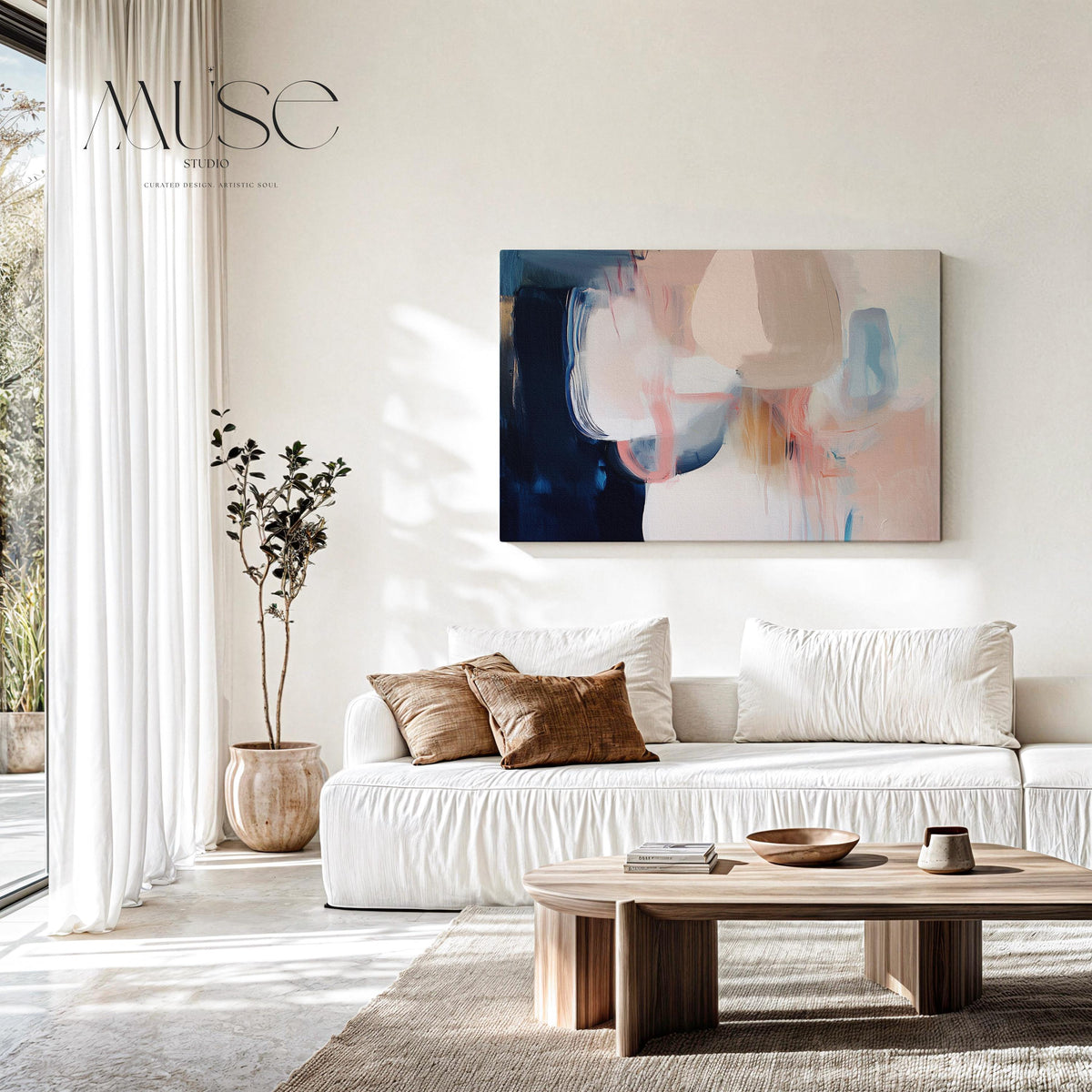 Oversized Canvas Wall Art Neutral Abstract Painting Navy Blush Beige Soft Contemporary Decor for Living Room or Office Statement 439 Stretched Canvas Art Large abstract wall decor on stretched canvas, gallery-wrapped and ready to hang. Perfect for colorful wall art in living rooms, office spaces, and design projects. Giclée canvas print with bold brushwork and vibrant modern style for impactful home decor. Muse Studio Decor Art.