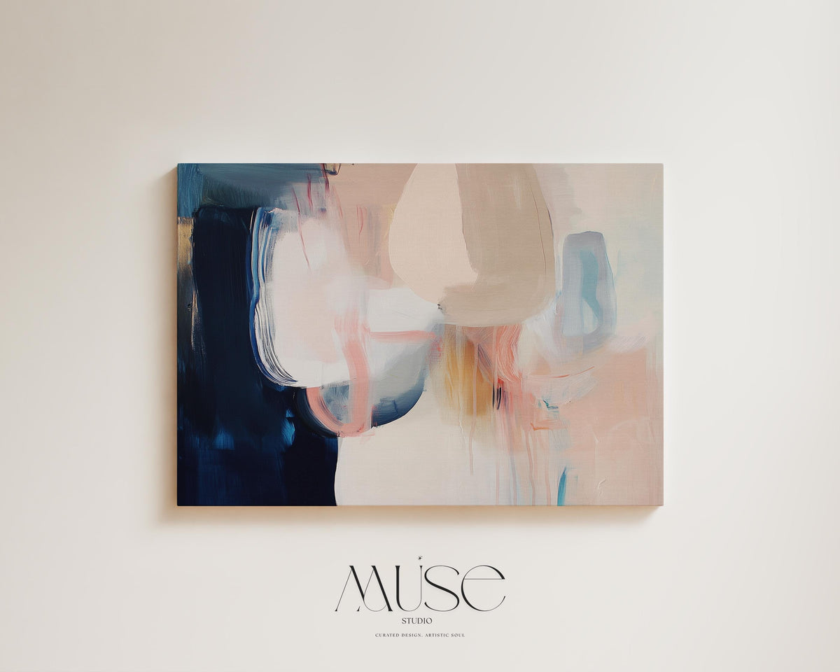 Oversized Canvas Wall Art Neutral Abstract Painting Navy Blush Beige Soft Contemporary Decor for Living Room or Office Statement 439 Stretched Canvas Art Large abstract wall decor on stretched canvas, gallery-wrapped and ready to hang. Perfect for colorful wall art in living rooms, office spaces, and design projects. Giclée canvas print with bold brushwork and vibrant modern style for impactful home decor. Muse Studio Decor Art.