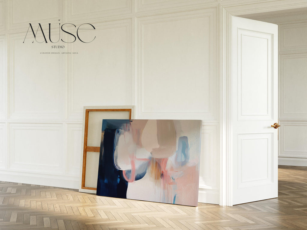 Oversized Canvas Wall Art Neutral Abstract Painting Navy Blush Beige Soft Contemporary Decor for Living Room or Office Statement 439 Stretched Canvas Art Large abstract wall decor on stretched canvas, gallery-wrapped and ready to hang. Perfect for colorful wall art in living rooms, office spaces, and design projects. Giclée canvas print with bold brushwork and vibrant modern style for impactful home decor. Muse Studio Decor Art.
