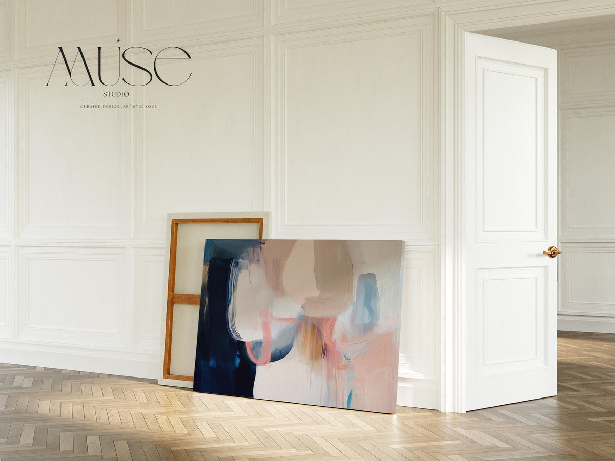 Oversized Canvas Wall Art Neutral Abstract Painting Navy Blush Beige Soft Contemporary Decor for Living Room or Office Statement 439 Stretched Canvas Art Large abstract wall decor on stretched canvas, gallery-wrapped and ready to hang. Perfect for colorful wall art in living rooms, office spaces, and design projects. Giclée canvas print with bold brushwork and vibrant modern style for impactful home decor. Muse Studio Decor Art.