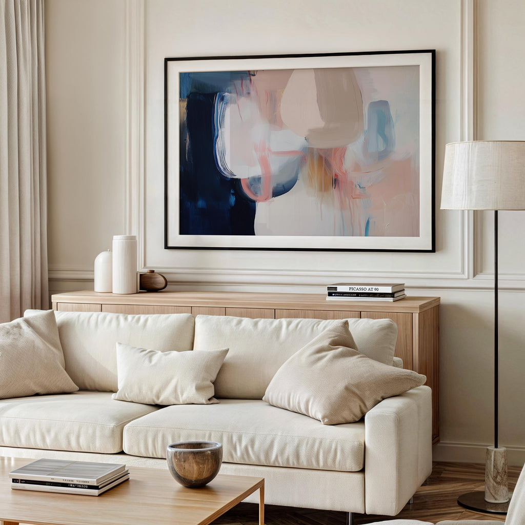 Warm Neutral Abstract Art Print Blush Beige Navy Modern Wall Art for Office or Living Room Soft Contemporary Fine Art Decor 439