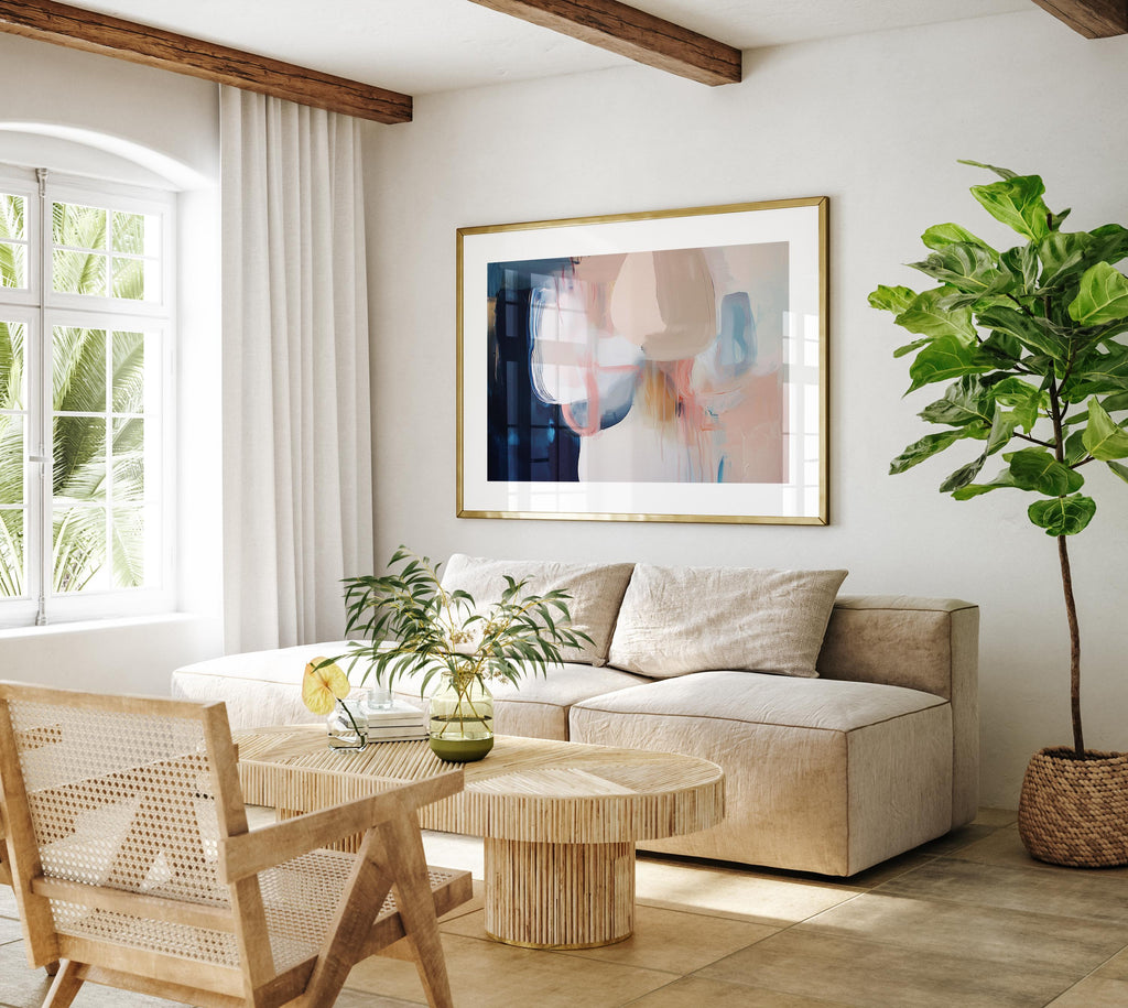 Warm Neutral Abstract Art Print Blush Beige Navy Modern Wall Art for Office or Living Room Soft Contemporary Fine Art Decor 439