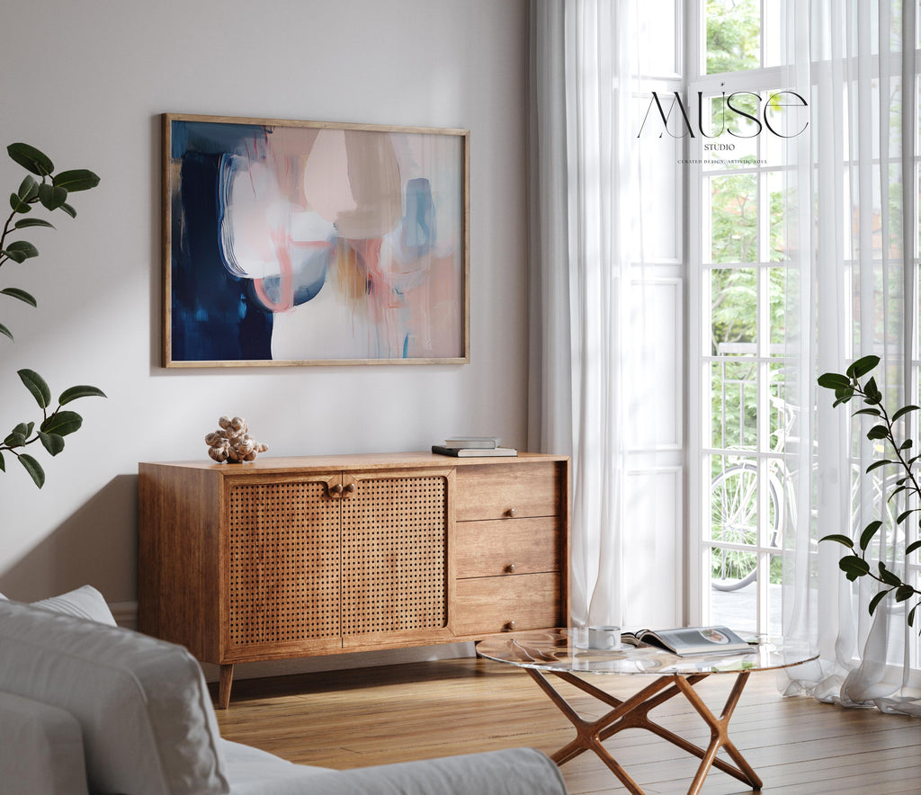 Warm Neutral Abstract Art Print Blush Beige Navy Modern Wall Art for Office or Living Room Soft Contemporary Fine Art Decor 439