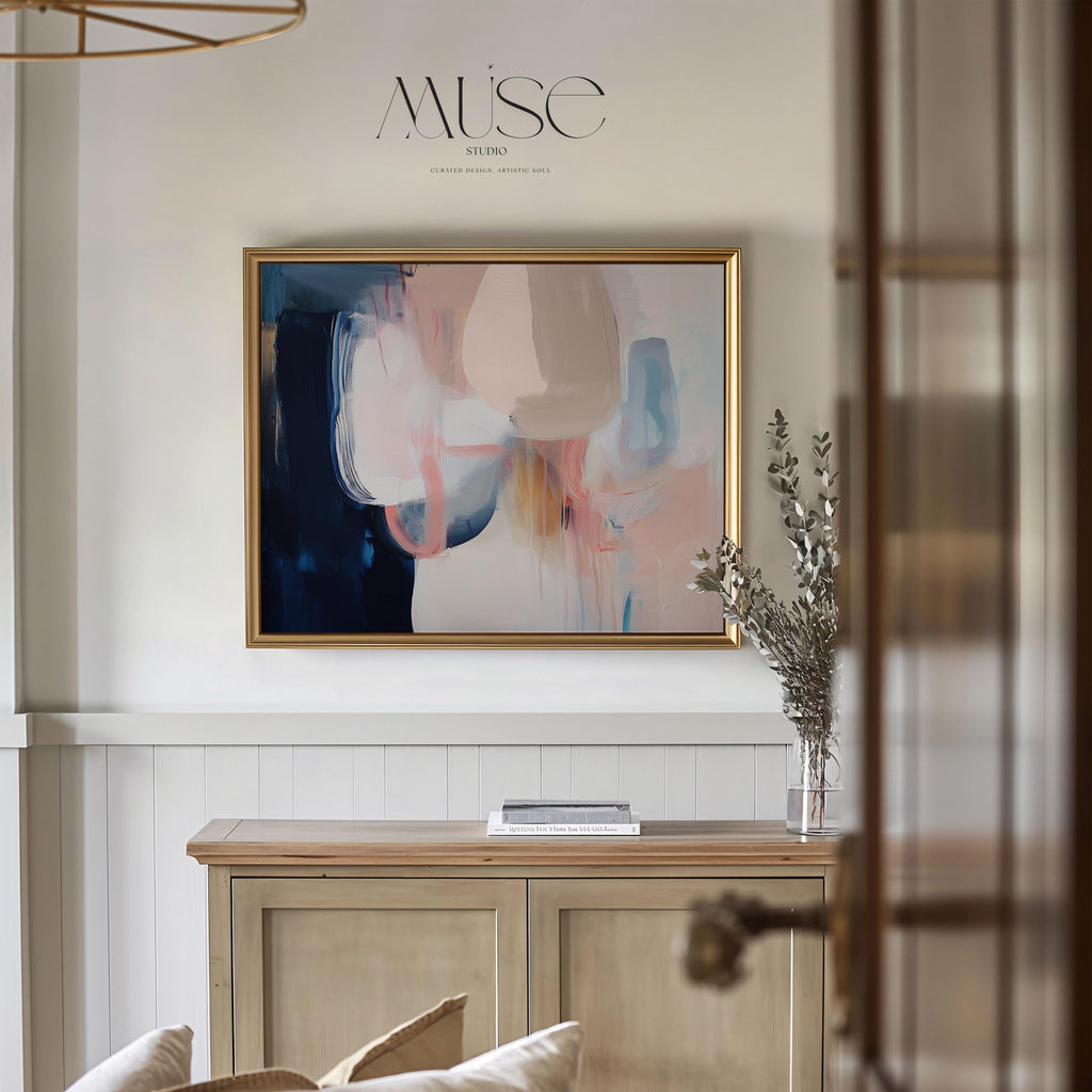 Warm Neutral Abstract Art Print Blush Beige Navy Modern Wall Art for Office or Living Room Soft Contemporary Fine Art Decor 439