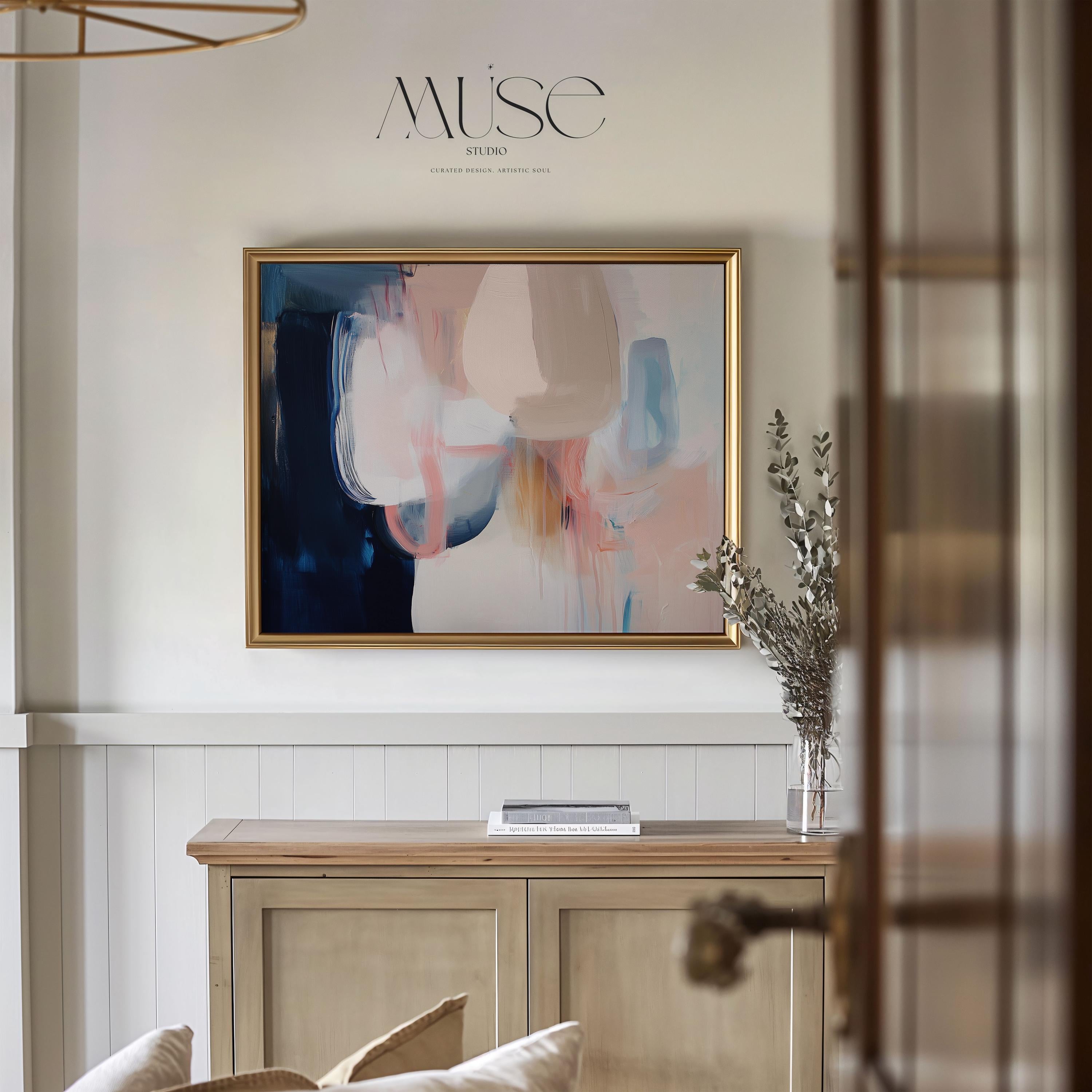 Warm Neutral Abstract Art Print Blush Beige Navy Modern Wall Art for Office or Living Room Soft Contemporary Fine Art Decor 439