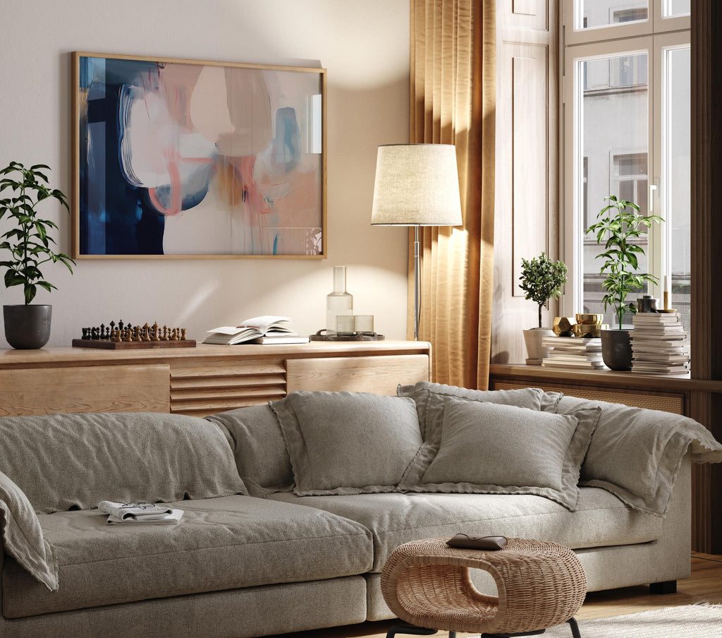 Warm Neutral Abstract Art Print Blush Beige Navy Modern Wall Art for Office or Living Room Soft Contemporary Fine Art Decor 439