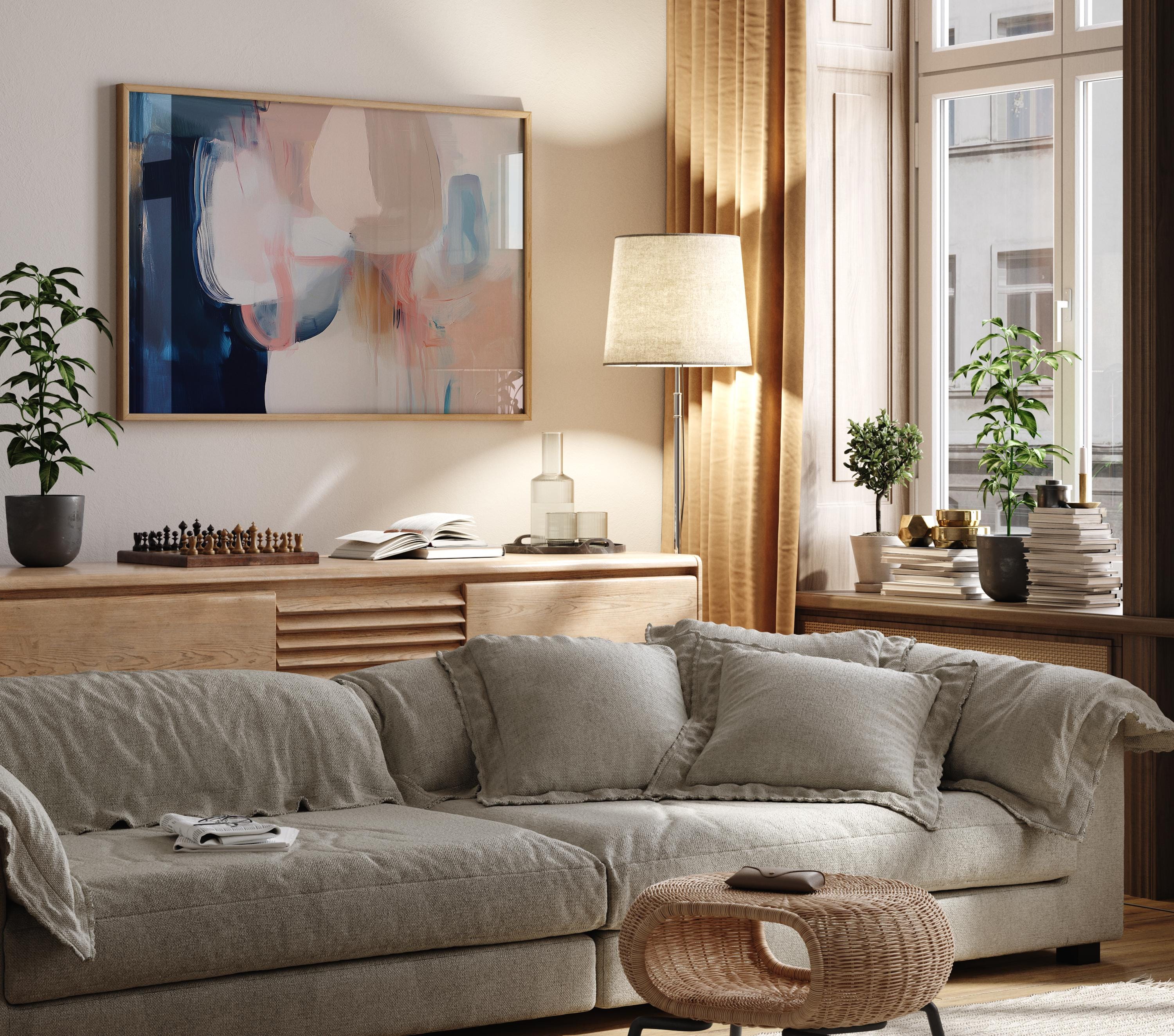 Warm Neutral Abstract Art Print Blush Beige Navy Modern Wall Art for Office or Living Room Soft Contemporary Fine Art Decor 439