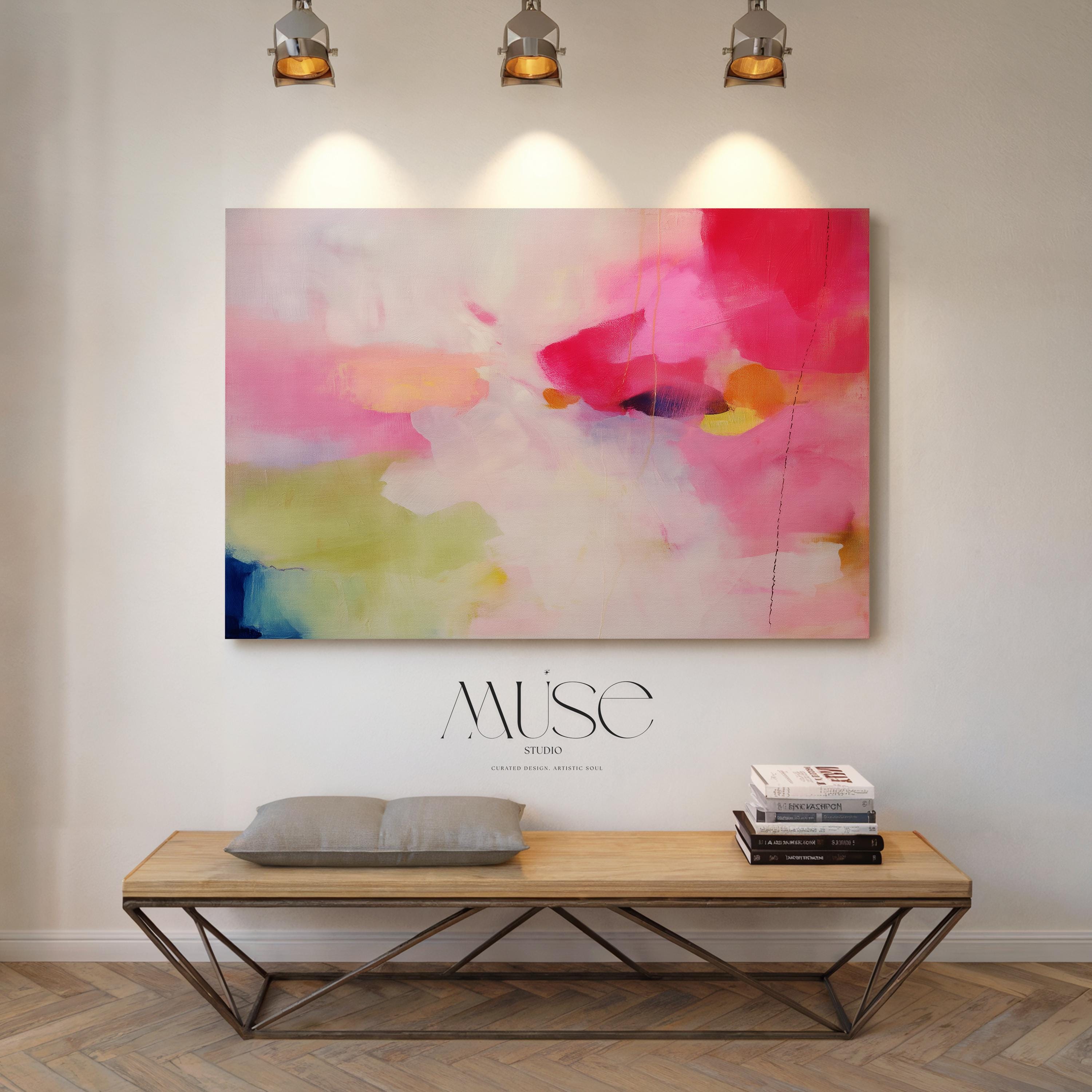 Stretched Canvas Art Large abstract wall decor on stretched canvas, gallery-wrapped and ready to hang. Perfect for colorful wall art in living rooms, office spaces, and design projects. Giclée canvas print with bold brushwork and vibrant modern style for impactful home decor. Muse Studio Decor Art. Oversized Canvas Wall Art Abstract Painting in Pink Yellow Blue Modern Color Pop Decor for Living Room or Office Dopamine Style 441