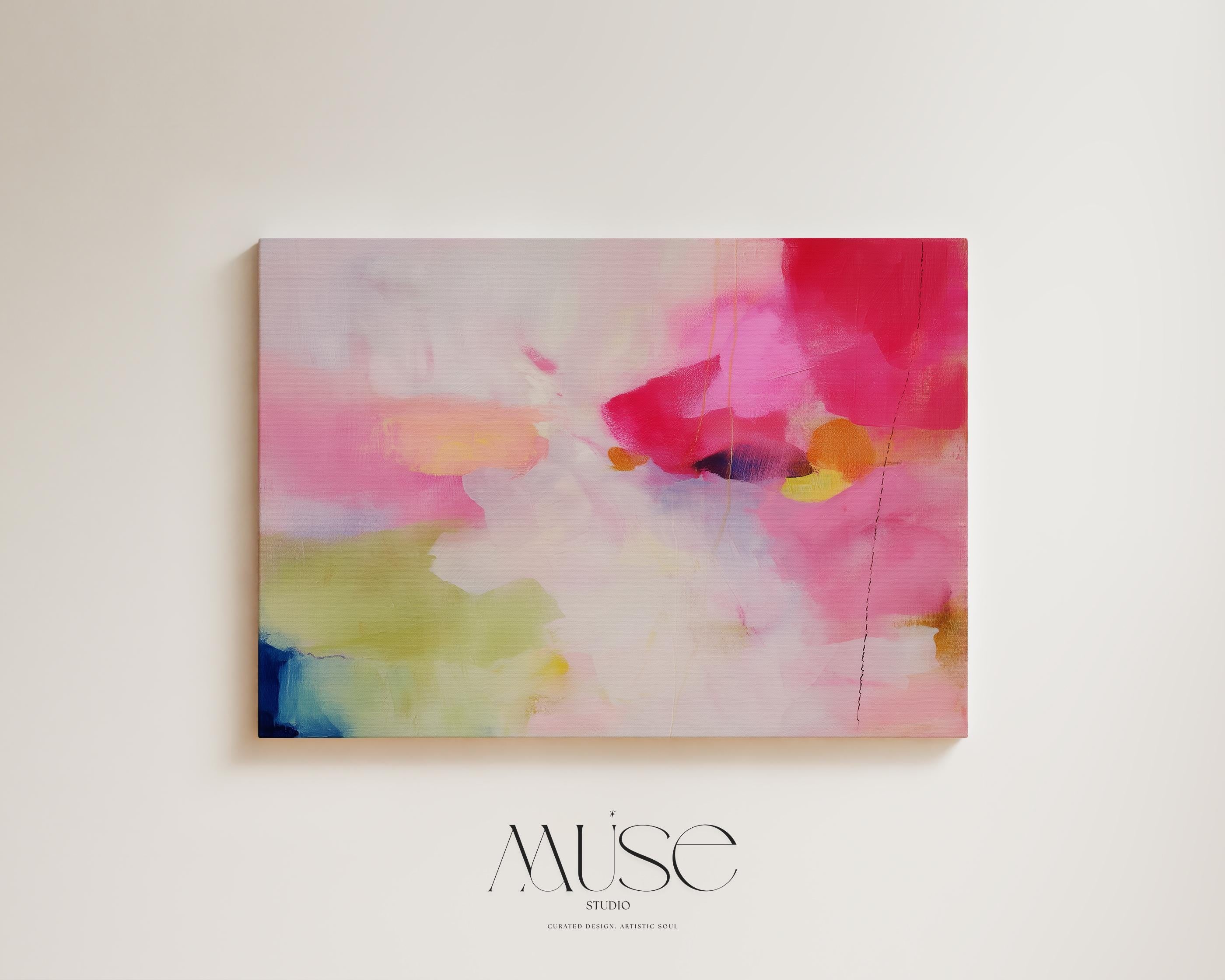 Stretched Canvas Art Large abstract wall decor on stretched canvas, gallery-wrapped and ready to hang. Perfect for colorful wall art in living rooms, office spaces, and design projects. Giclée canvas print with bold brushwork and vibrant modern style for impactful home decor. Muse Studio Decor Art. Oversized Canvas Wall Art Abstract Painting in Pink Yellow Blue Modern Color Pop Decor for Living Room or Office Dopamine Style 441