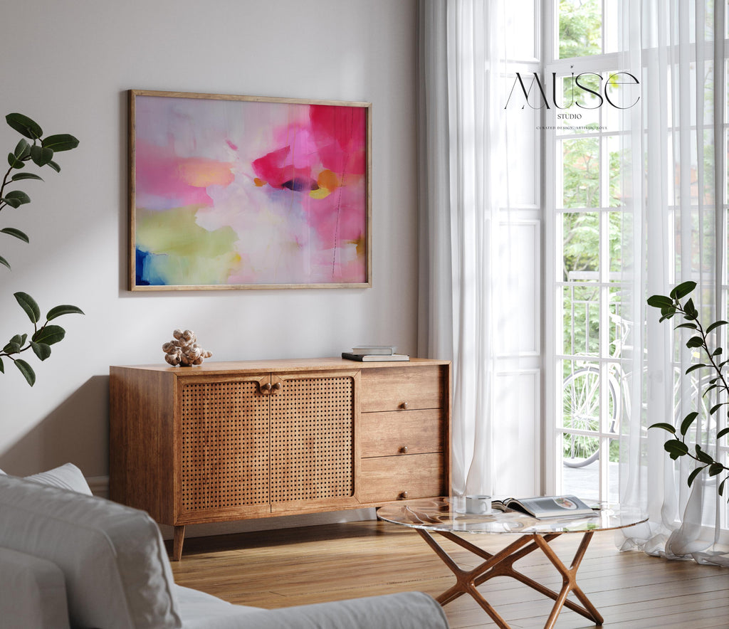 Fine art print of abstract decor art printed on rolled canvas or cold-pressed watercolor paper using giclée technique. Designed for modern interiors, home styling, or office decor. Bold and colorful statement art brings vibrant energy to curated spaces. Ideal for custom framing and large-scale wall displays. Muse Studio Decor Art. Abstract Poster Print Pink Yellow Blue Fine Art Wall Decor for Living Room Office or Bedroom Soft Statement Style Art 441