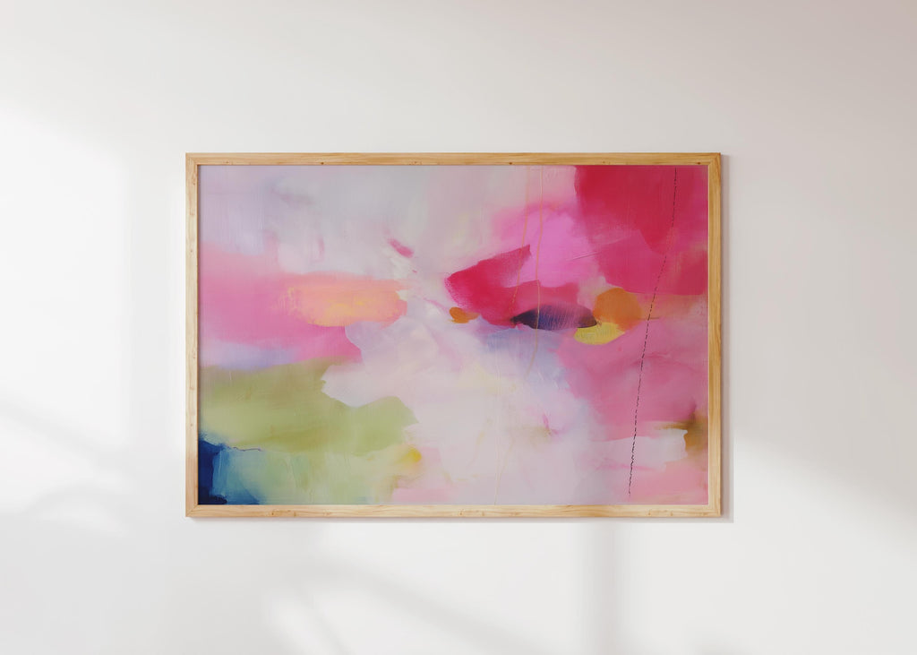 Fine art print of abstract decor art printed on rolled canvas or cold-pressed watercolor paper using giclée technique. Designed for modern interiors, home styling, or office decor. Bold and colorful statement art brings vibrant energy to curated spaces. Ideal for custom framing and large-scale wall displays. Muse Studio Decor Art. Abstract Poster Print Pink Yellow Blue Fine Art Wall Decor for Living Room Office or Bedroom Soft Statement Style Art 441