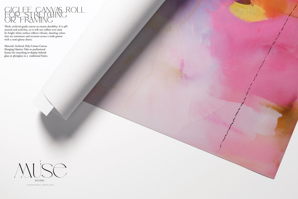 Fine art print of abstract decor art printed on rolled canvas or cold-pressed watercolor paper using giclée technique. Designed for modern interiors, home styling, or office decor. Bold and colorful statement art brings vibrant energy to curated spaces. Ideal for custom framing and large-scale wall displays. Muse Studio Decor Art. Abstract Poster Print Pink Yellow Blue Fine Art Wall Decor for Living Room Office or Bedroom Soft Statement Style Art 441
