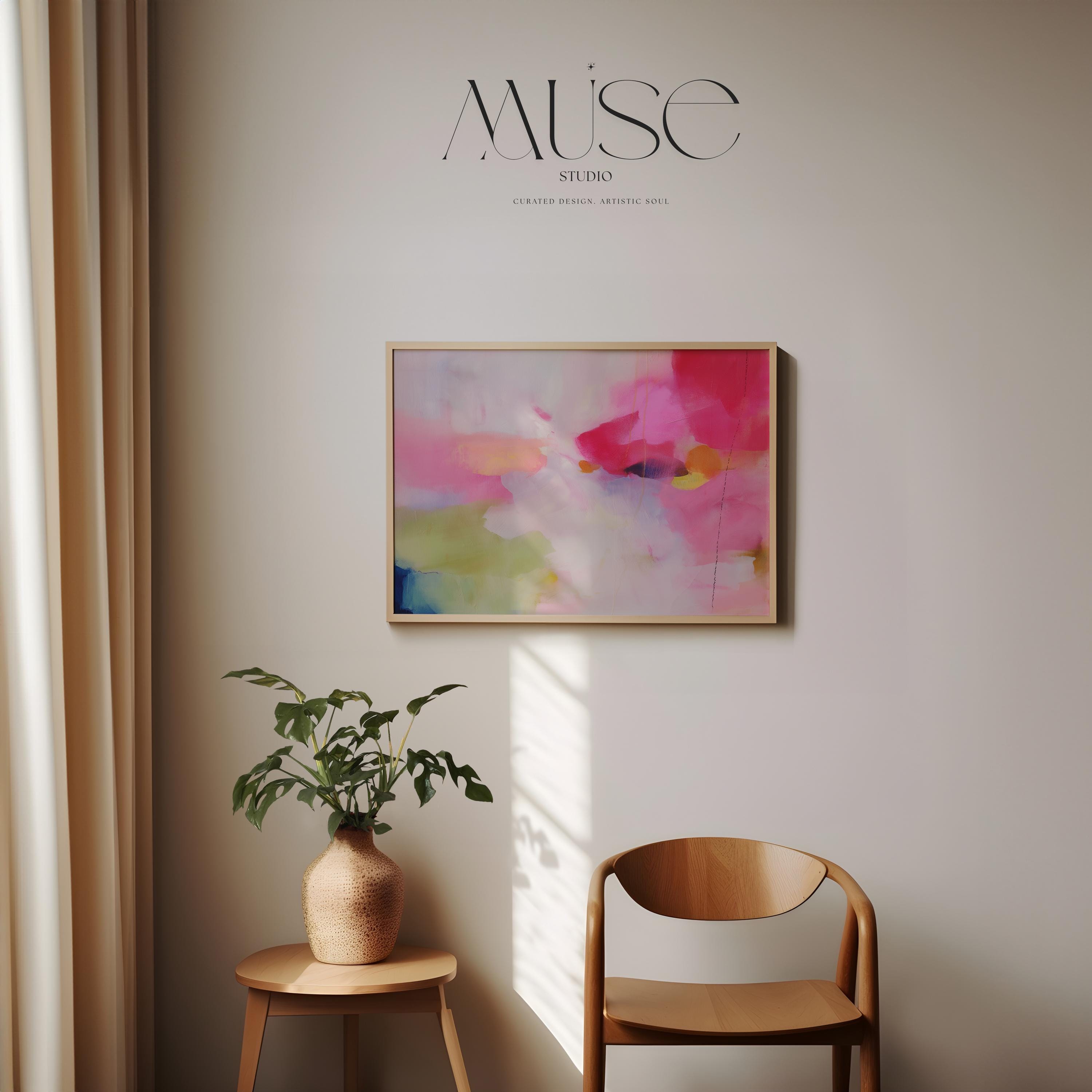 Fine art print of abstract decor art printed on rolled canvas or cold-pressed watercolor paper using giclée technique. Designed for modern interiors, home styling, or office decor. Bold and colorful statement art brings vibrant energy to curated spaces. Ideal for custom framing and large-scale wall displays. Muse Studio Decor Art. Abstract Poster Print Pink Yellow Blue Fine Art Wall Decor for Living Room Office or Bedroom Soft Statement Style Art 441