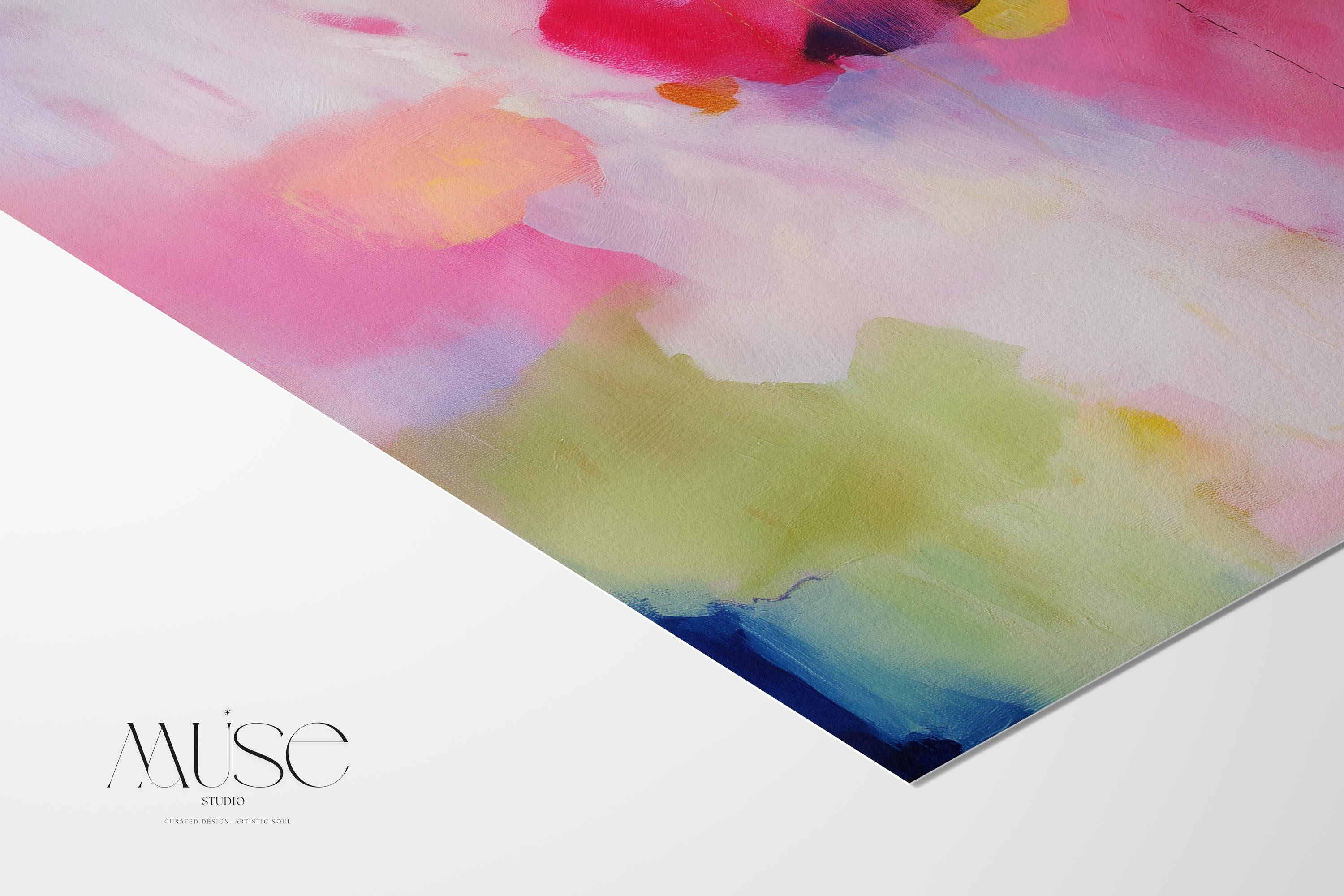Fine art print of abstract decor art printed on rolled canvas or cold-pressed watercolor paper using giclée technique. Designed for modern interiors, home styling, or office decor. Bold and colorful statement art brings vibrant energy to curated spaces. Ideal for custom framing and large-scale wall displays. Muse Studio Decor Art. Abstract Poster Print Pink Yellow Blue Fine Art Wall Decor for Living Room Office or Bedroom Soft Statement Style Art 441