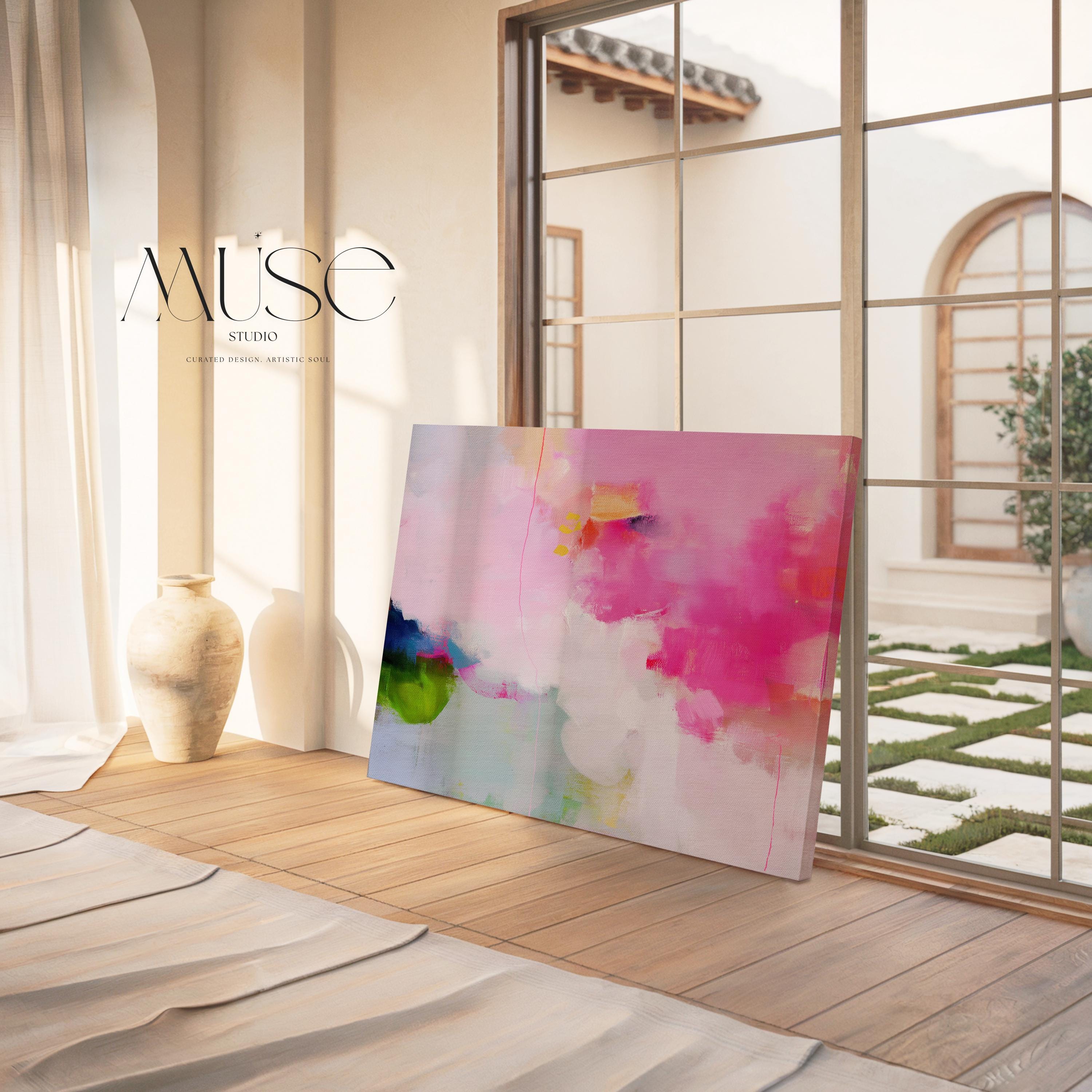 Stretched Canvas Art Large abstract wall decor on stretched canvas, gallery-wrapped and ready to hang. Perfect for colorful wall art in living rooms, office spaces, and design projects. Giclée canvas print with bold brushwork and vibrant modern style for impactful home decor. Muse Studio Decor Art. Oversized Canvas Wall Art Pink Green Abstract Painting Preppy Modern Decor for Dorm Teen Room or Office Bold Colorful Art 424