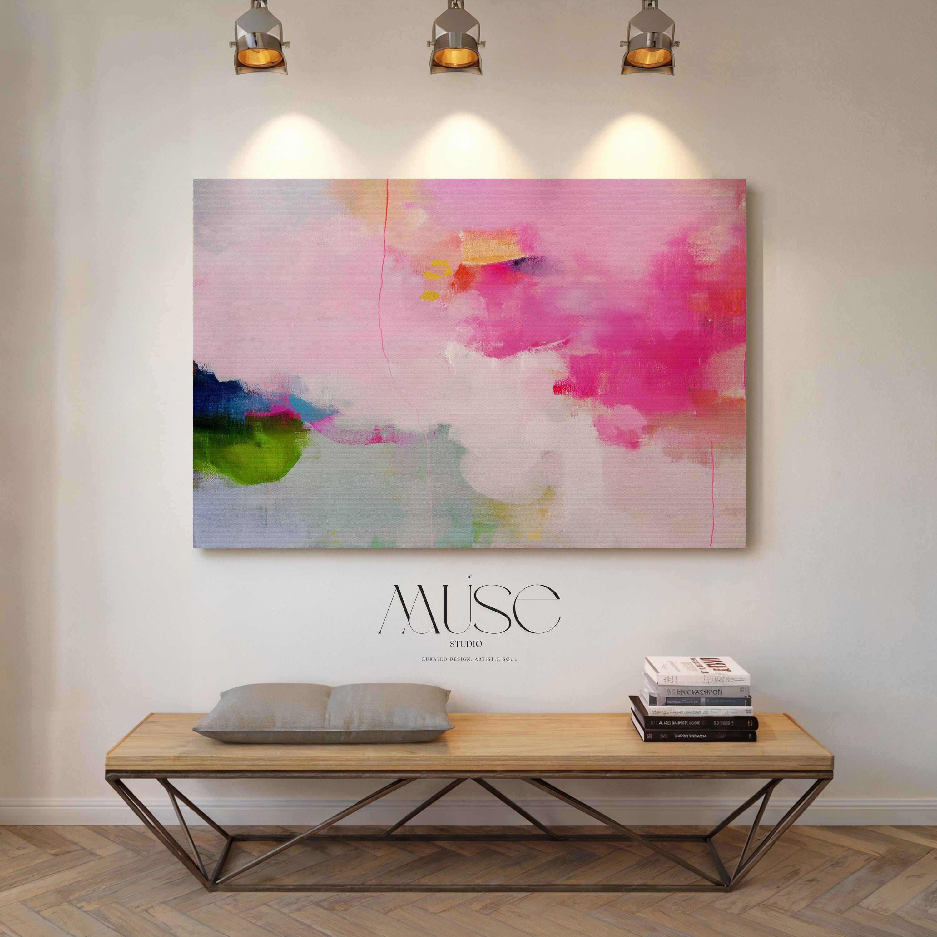 Stretched Canvas Art Large abstract wall decor on stretched canvas, gallery-wrapped and ready to hang. Perfect for colorful wall art in living rooms, office spaces, and design projects. Giclée canvas print with bold brushwork and vibrant modern style for impactful home decor. Muse Studio Decor Art. Oversized Canvas Wall Art Pink Green Abstract Painting Preppy Modern Decor for Dorm Teen Room or Office Bold Colorful Art 424