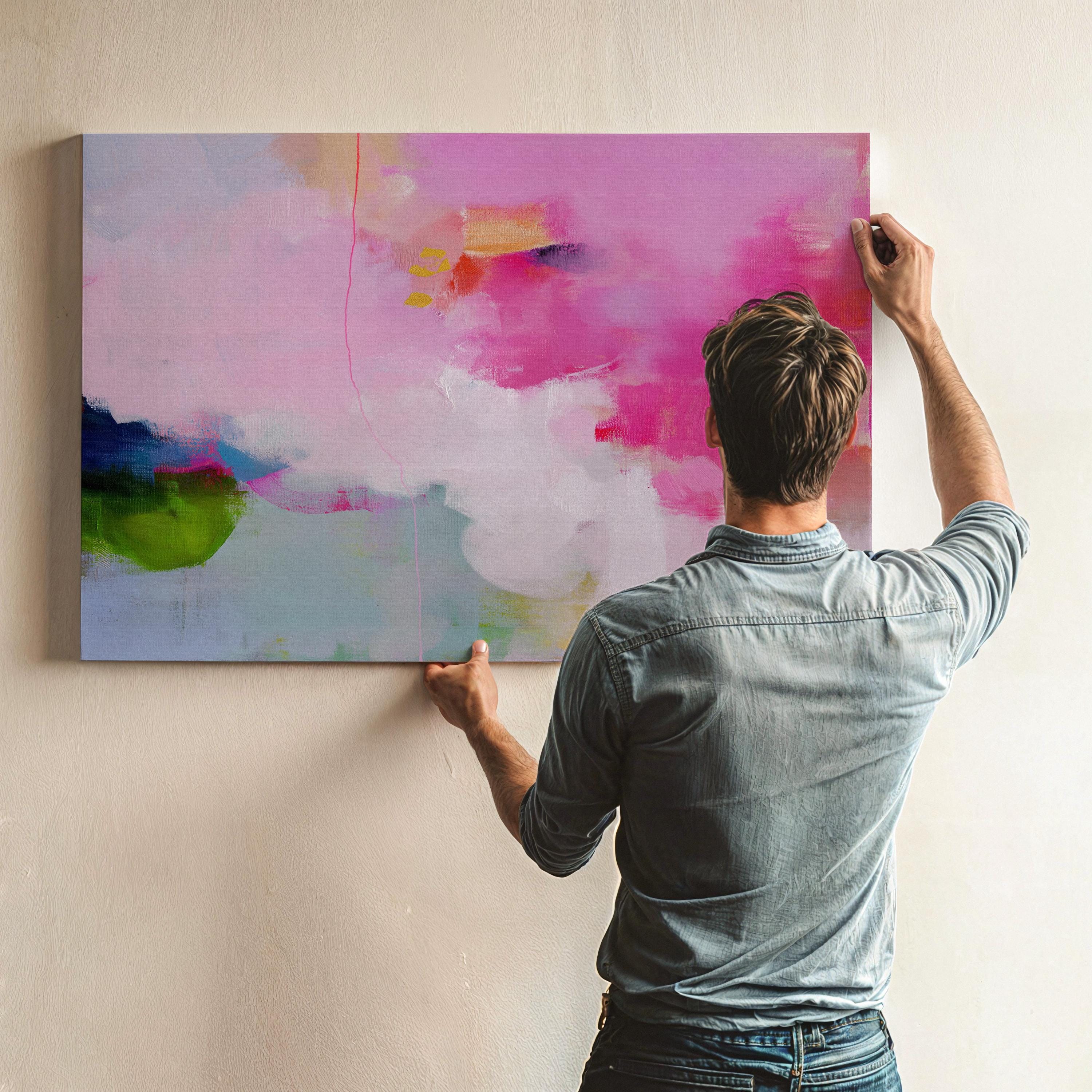 Stretched Canvas Art Large abstract wall decor on stretched canvas, gallery-wrapped and ready to hang. Perfect for colorful wall art in living rooms, office spaces, and design projects. Giclée canvas print with bold brushwork and vibrant modern style for impactful home decor. Muse Studio Decor Art. Oversized Canvas Wall Art Pink Green Abstract Painting Preppy Modern Decor for Dorm Teen Room or Office Bold Colorful Art 424