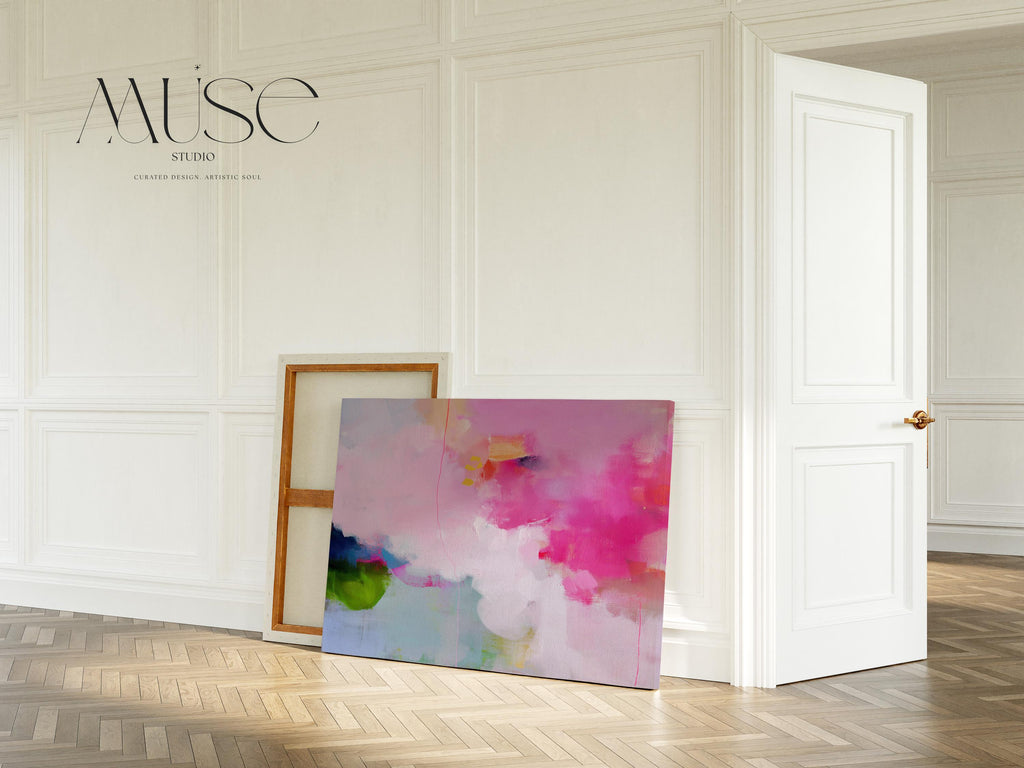 Stretched Canvas Art Large abstract wall decor on stretched canvas, gallery-wrapped and ready to hang. Perfect for colorful wall art in living rooms, office spaces, and design projects. Giclée canvas print with bold brushwork and vibrant modern style for impactful home decor. Muse Studio Decor Art. Oversized Canvas Wall Art Pink Green Abstract Painting Preppy Modern Decor for Dorm Teen Room or Office Bold Colorful Art 424