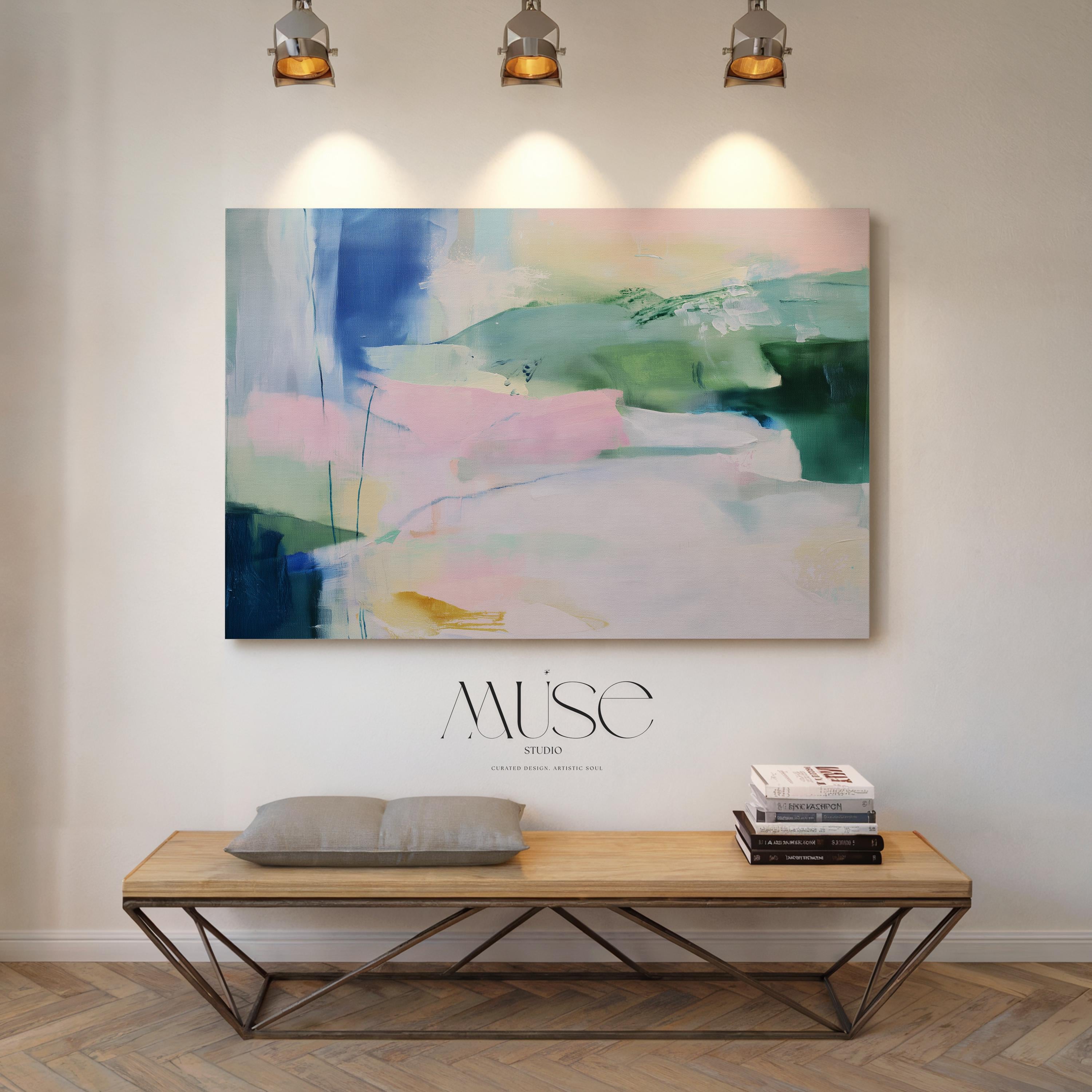 Stretched Canvas Art Large abstract wall decor on stretched canvas, gallery-wrapped and ready to hang. Perfect for colorful wall art in living rooms, office spaces, and design projects. Giclée canvas print with bold brushwork and vibrant modern style for impactful home decor. Muse Studio Decor Art.  Oversized Canvas Wall Art Abstract Painting in Soft Green Blue Blush Neutral Modern Decor for Bedroom or Living Room Muted Style 422