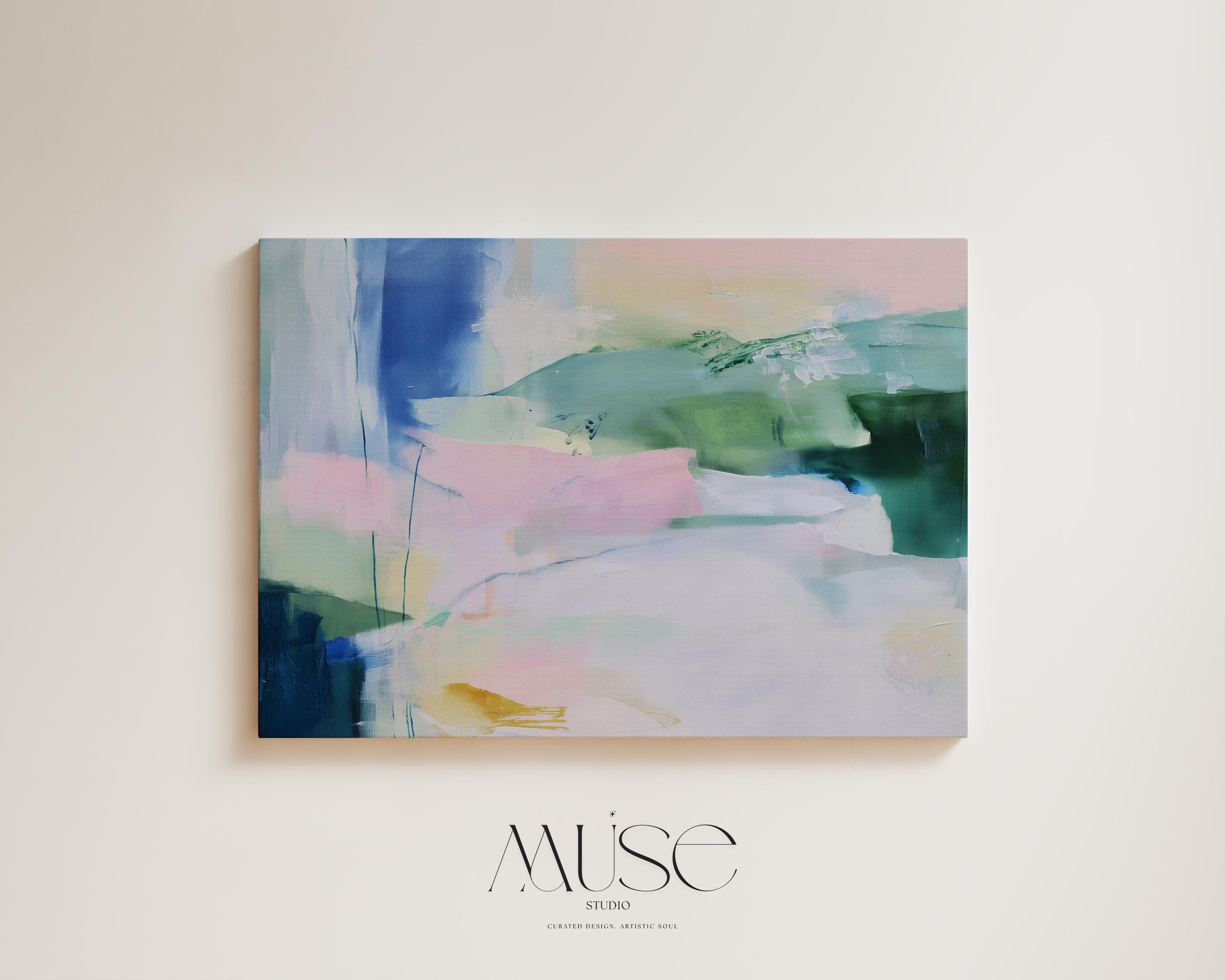 Oversized canvas wall art with soft green, muted blue, and blush tones in an abstract style. The neutral color palette and painterly brushstrokes evoke calm and balance, ideal for bedrooms, living rooms, or modern transitional interiors. Available as framed canvas, gallery-wrapped canvas, or fine art poster print for curated designer decor.