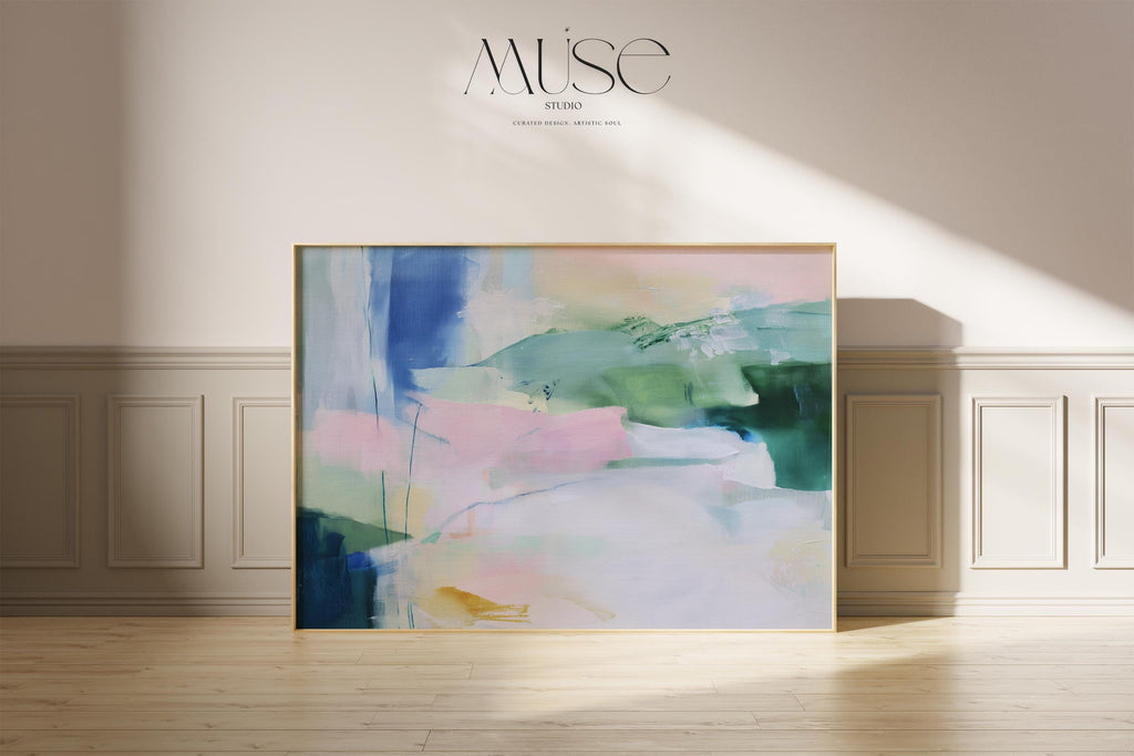 Drifting Dreams No. 422 by Muse Studio & Co. colorful abstract wall art print in blue, green, and blush pink, printed with museum-grade giclée inks on premium artist paper. Staged in modern neutral decor as a large statement art print for living room, bedroom, or office interiors.