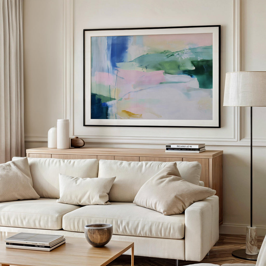 Fine art print of abstract decor art printed on rolled canvas or cold-pressed watercolor paper using giclée technique. Designed for modern interiors, home styling, or office decor. Bold and colorful statement art brings vibrant energy to curated spaces. Ideal for custom framing and large-scale wall displays. Muse Studio Decor Art. Abstract Poster Print Soft Green Blue Landscape Inspired Wall Art Modern Nature Decor for Bedroom or Office Giclée Print 422