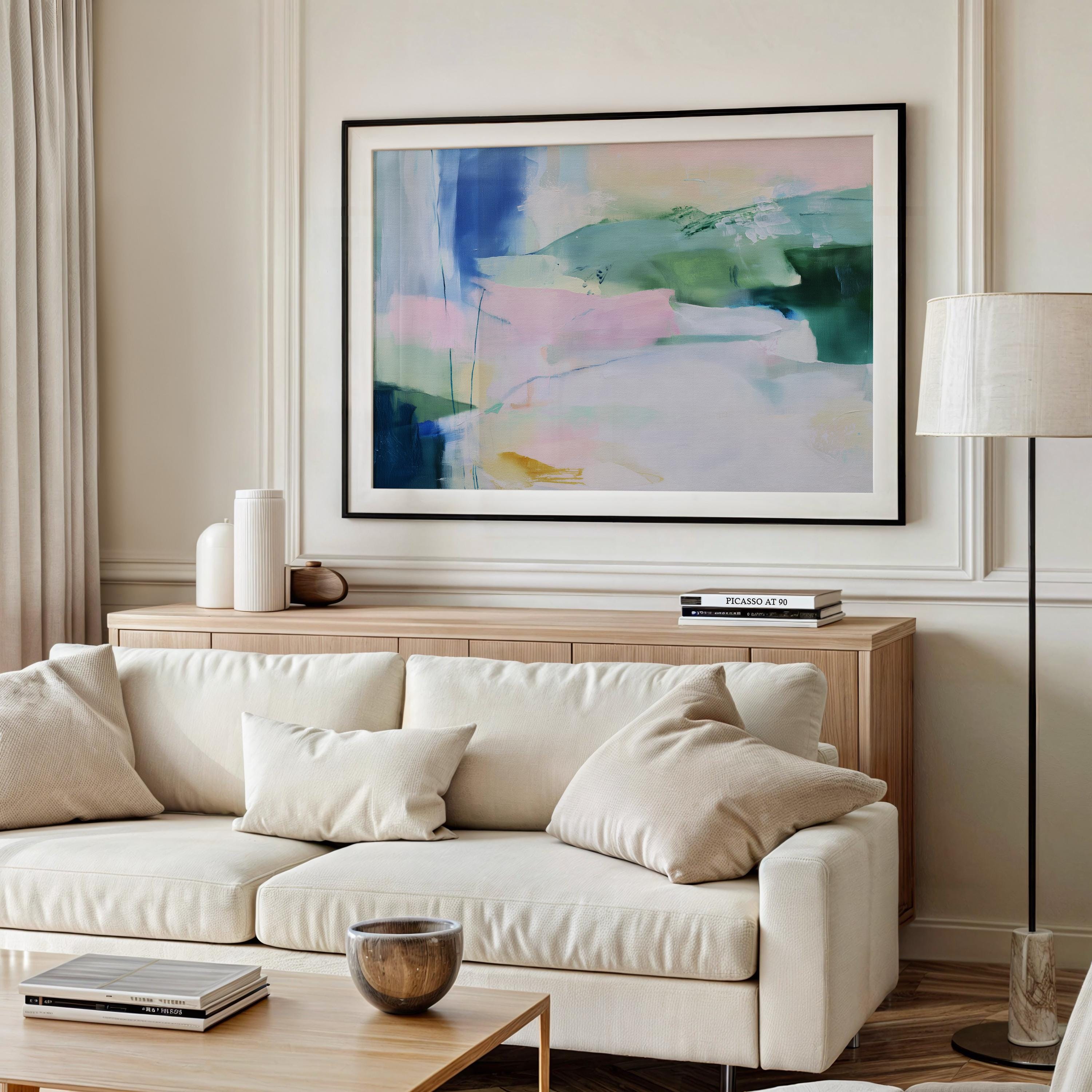 Fine art print of abstract decor art printed on rolled canvas or cold-pressed watercolor paper using giclée technique. Designed for modern interiors, home styling, or office decor. Bold and colorful statement art brings vibrant energy to curated spaces. Ideal for custom framing and large-scale wall displays. Muse Studio Decor Art. Abstract Poster Print Soft Green Blue Landscape Inspired Wall Art Modern Nature Decor for Bedroom or Office Giclée Print 422