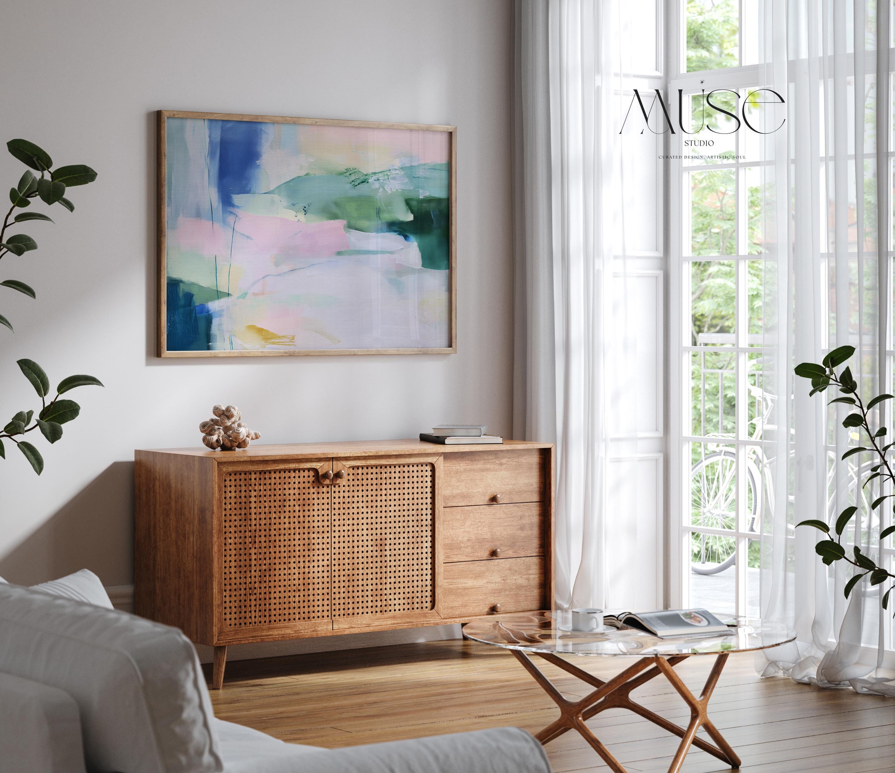 Drifting Dreams No. 422 by Muse Studio & Co. colorful abstract wall art print in blue, green, and blush pink, printed with museum-grade giclée inks on premium artist paper. Staged in modern neutral decor as a large statement art print for living room, bedroom, or office interiors.