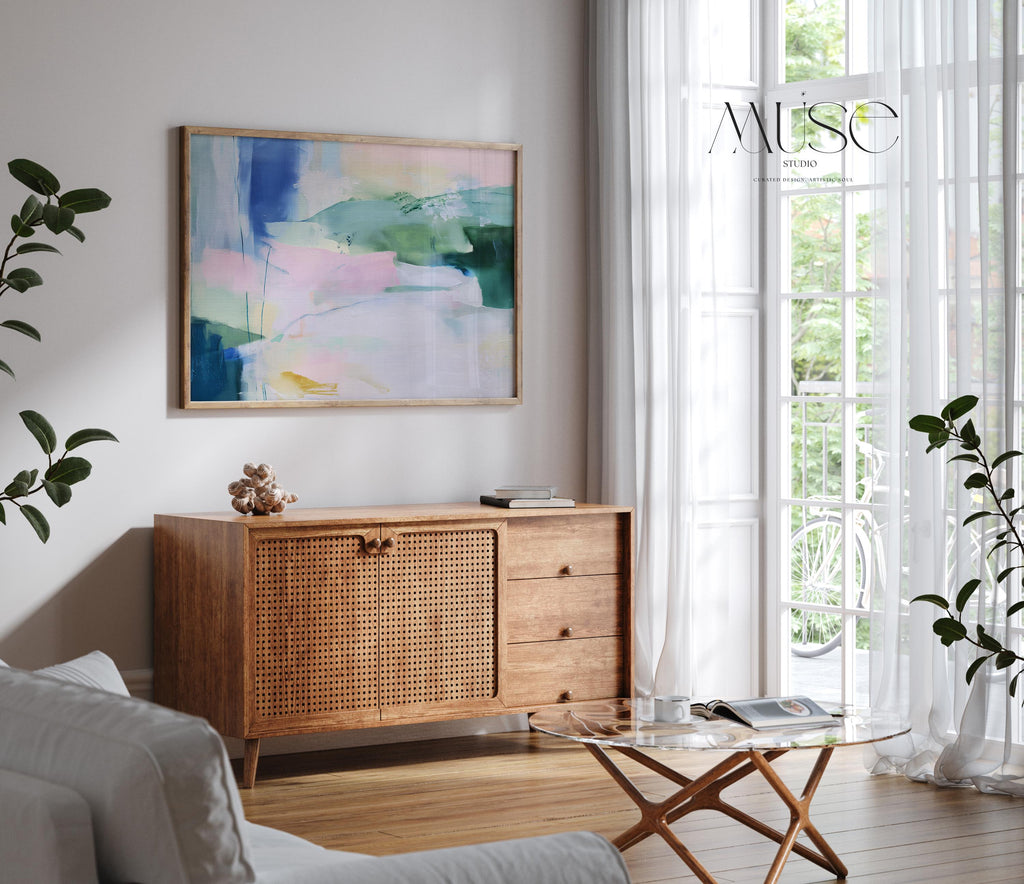 Drifting Dreams No. 422 by Muse Studio & Co. colorful abstract wall art print in blue, green, and blush pink, printed with museum-grade giclée inks on premium artist paper. Staged in modern neutral decor as a large statement art print for living room, bedroom, or office interiors.