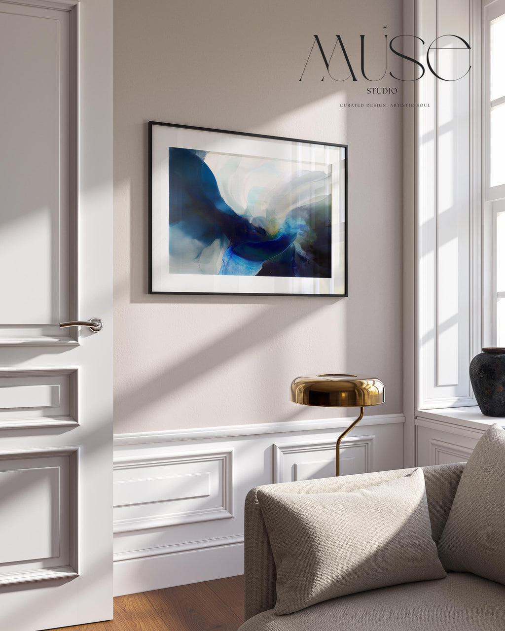 Blue Abstract Art Print Navy and White Modern Wall Art for Office or Living Room Minimalist Statement Giclée Fine Art 371