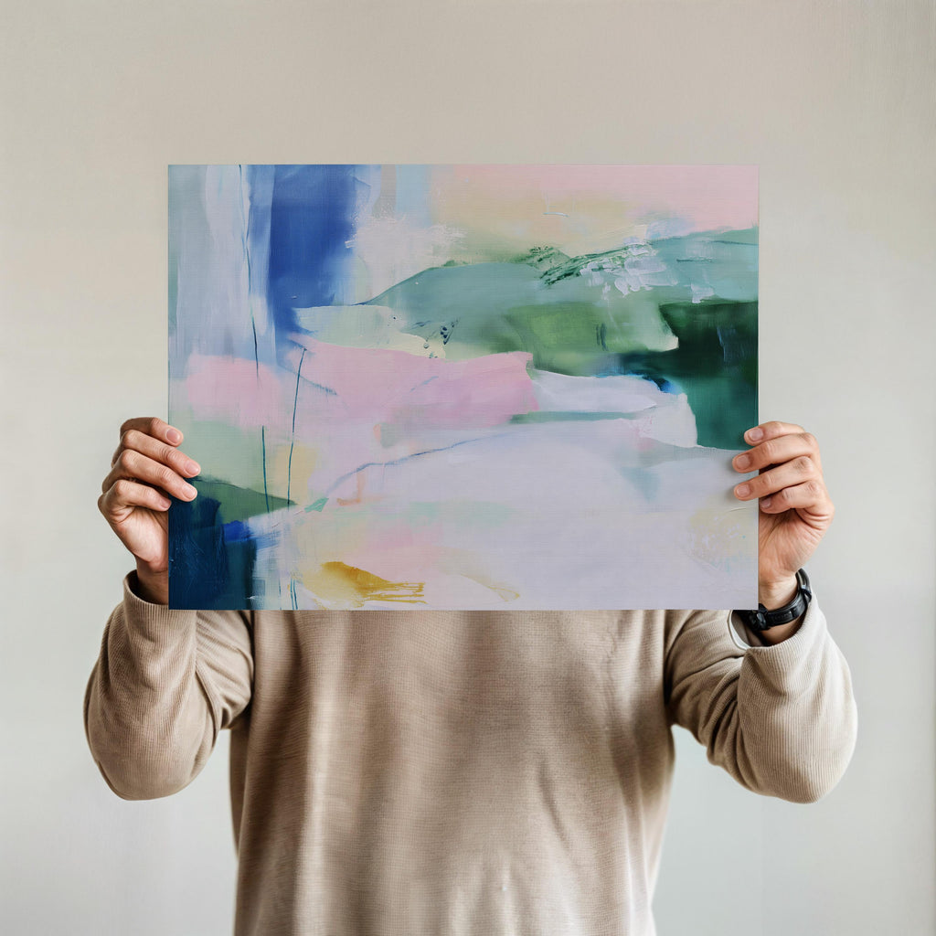 Fine art print of abstract decor art printed on rolled canvas or cold-pressed watercolor paper using giclée technique. Designed for modern interiors, home styling, or office decor. Bold and colorful statement art brings vibrant energy to curated spaces. Ideal for custom framing and large-scale wall displays. Muse Studio Decor Art. Abstract Poster Print Soft Green Blue Landscape Inspired Wall Art Modern Nature Decor for Bedroom or Office Giclée Print 422