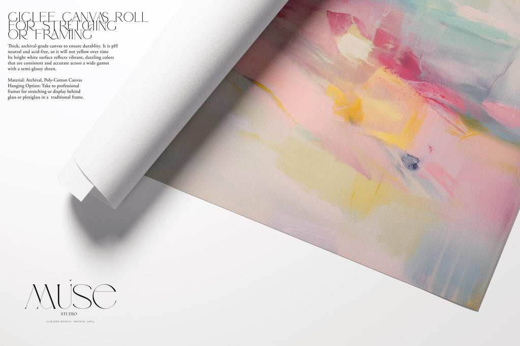 square abstract canvas wall art in teal, blush pink, yellow, and soft aqua with fluid brushstrokes in a soft contemporary style, ideal for bedroom, nursery, or living room decor, gallery-wrapped cotton canvas wall art by Muse Studio