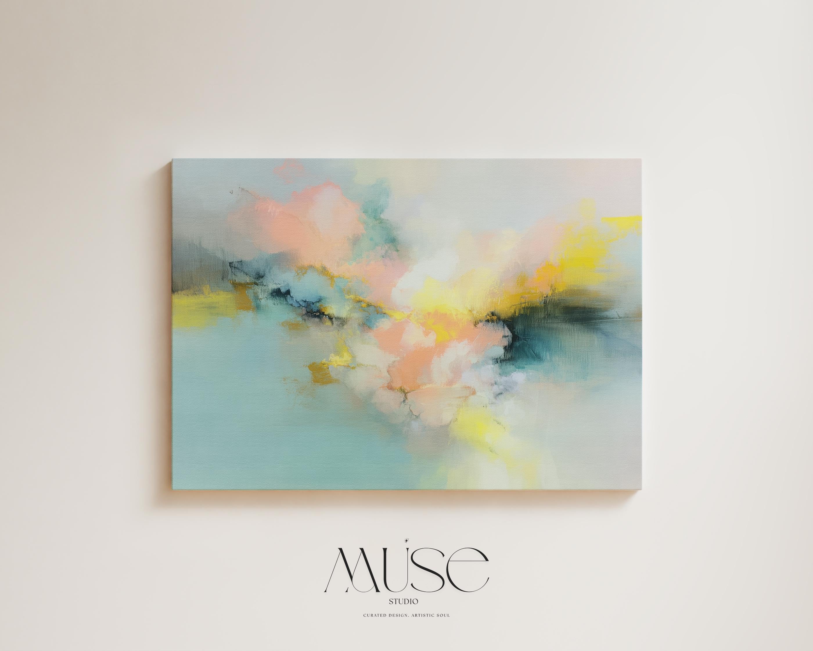 Soft pastel abstract canvas wall art in blush yellow blue, horizontal painting for bedroom or living room, large serene decor MUSE 063