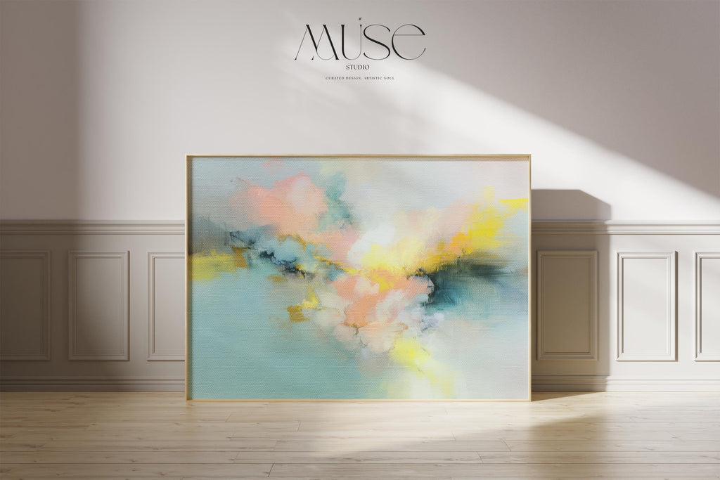 Soft pastel abstract canvas wall art in blush yellow blue, horizontal painting for bedroom or living room, large serene decor MUSE 063