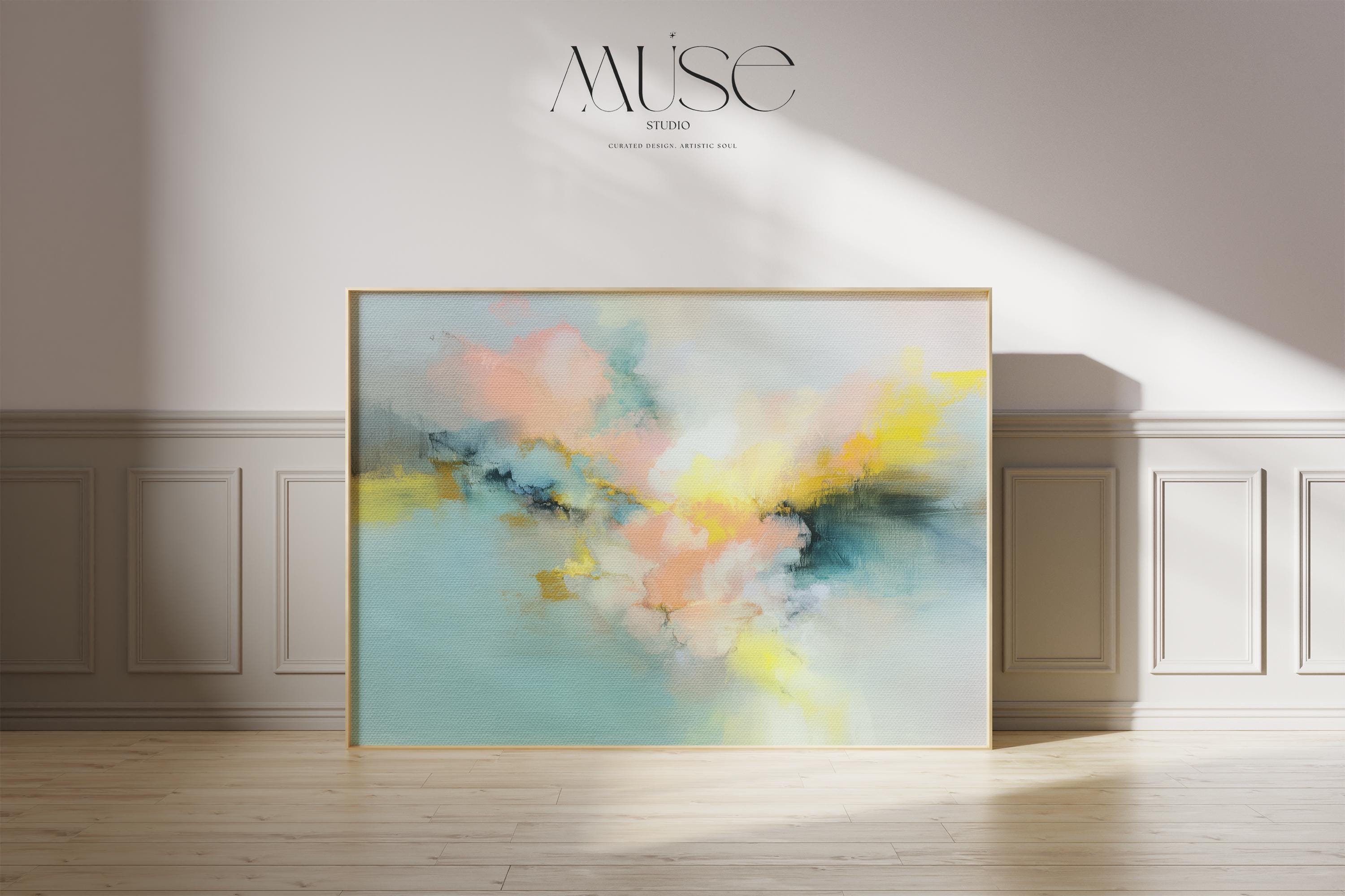 Soft pastel abstract canvas wall art in blush yellow blue, horizontal painting for bedroom or living room, large serene decor MUSE 063