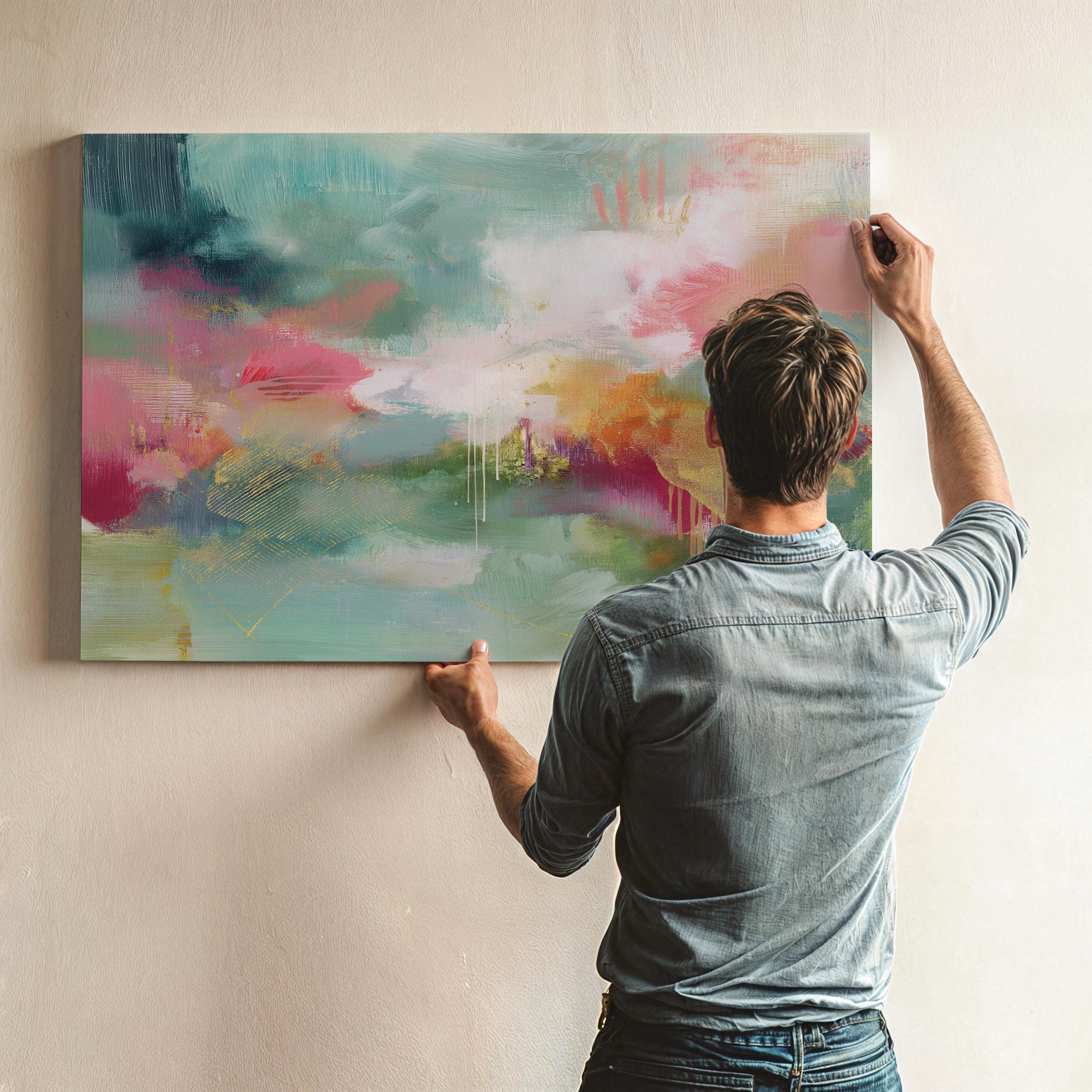 Colorful Abstract Wall Art in Blush and Green, Canvas Giclée Print, Bold Transitional Painting, Horizontal Large Living Room Decor