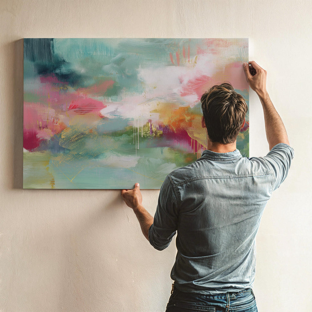 Colorful Abstract Wall Art in Blush and Green, Canvas Giclée Print, Bold Transitional Painting, Horizontal Large Living Room Decor