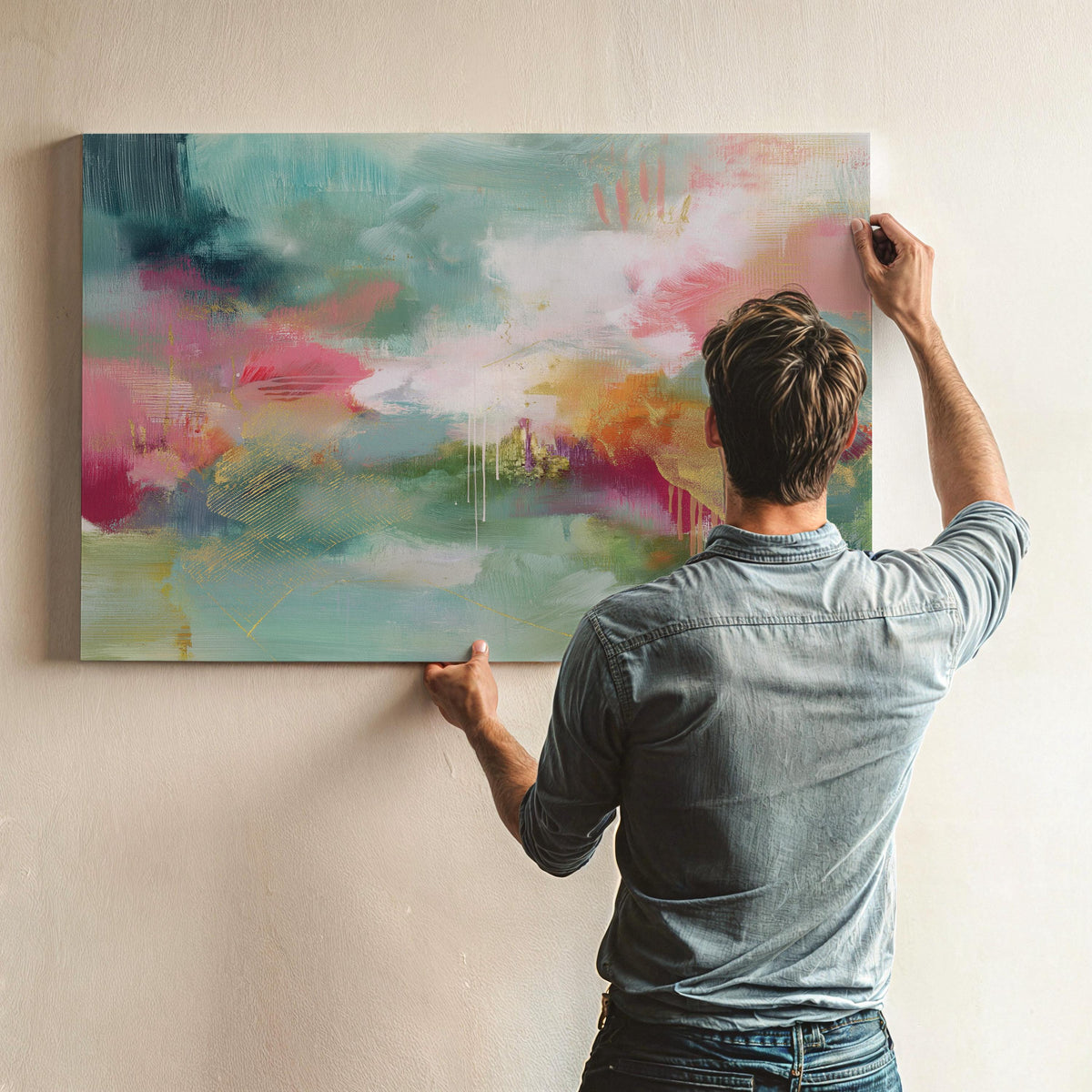Colorful Abstract Wall Art in Blush and Green, Canvas Giclée Print, Bold Transitional Painting, Horizontal Large Living Room Decor