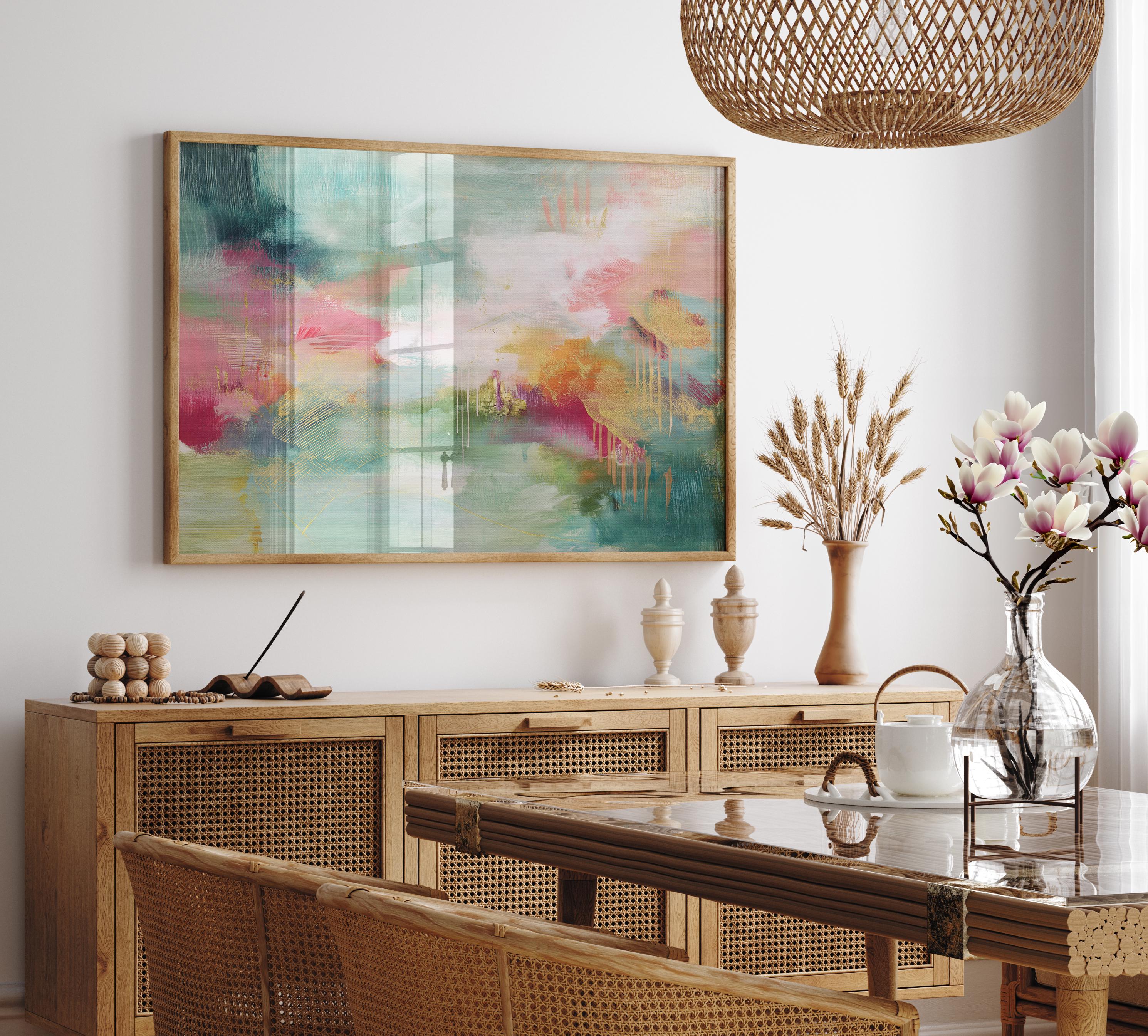 Fine art poster print of a horizontal abstract painting in blush pink, sage green, and warm golden tones. This boho-style wall art is printed on archival fine art paper with giclée quality for vibrant color and texture. Perfect for bedrooms, creative studios, or laid-back bohemian interiors. The artwork’s expressive brushstrokes and rich palette bring soft vibrancy to relaxed spaces. Muse Studio curated boutique decor.