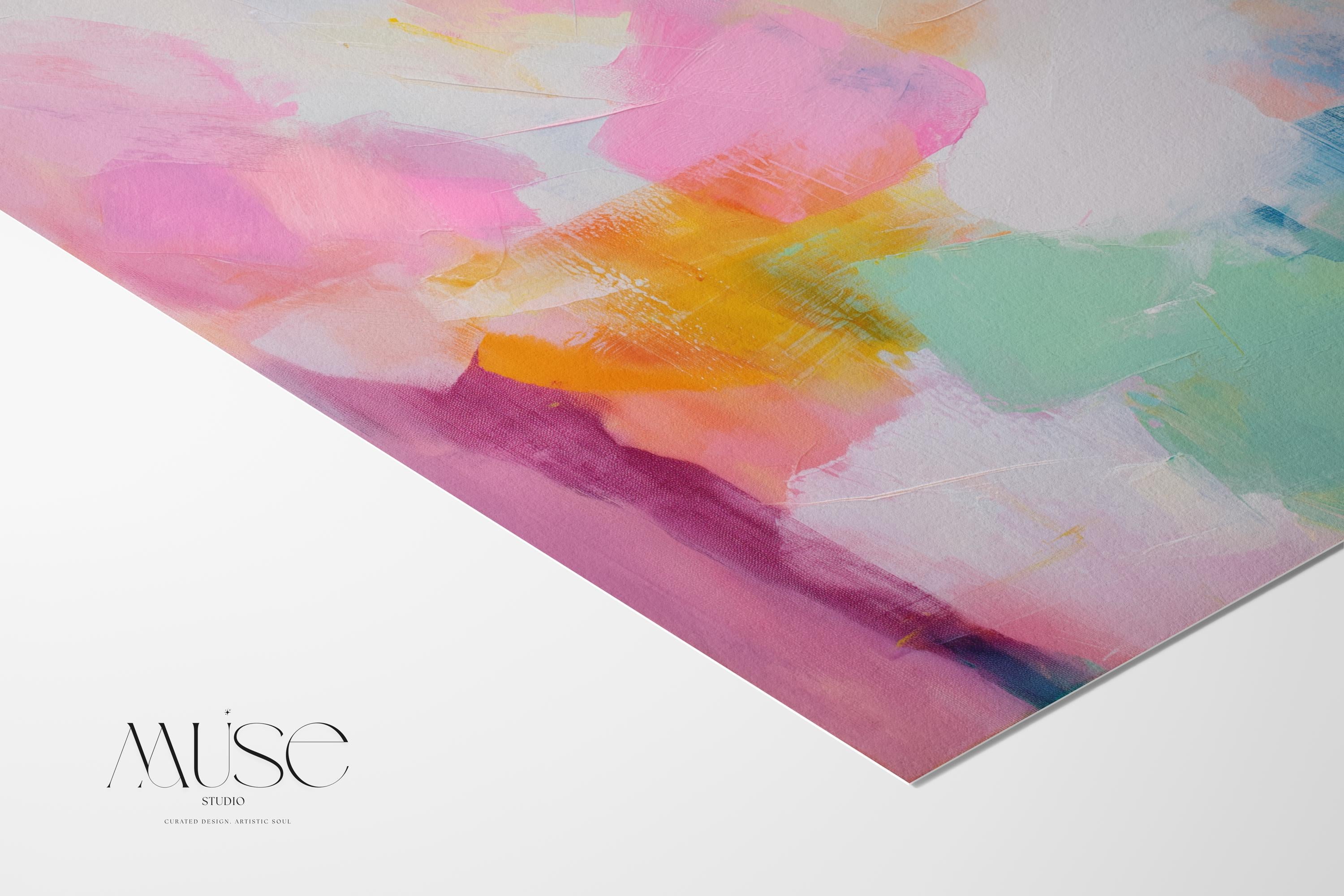 Soft coquette-inspired abstract artwork with a horizontal layout in blush pink, teal, aqua, and yellow. This bright and airy design blends feminine color pop style with soft contemporary brushstrokes. Offered as a gallery-wrapped canvas or fine art poster print. Ideal for bedrooms, nurseries, or stylish living spaces looking for a joyful color statement. Designed by Muse Studio for curated boutique interiors.