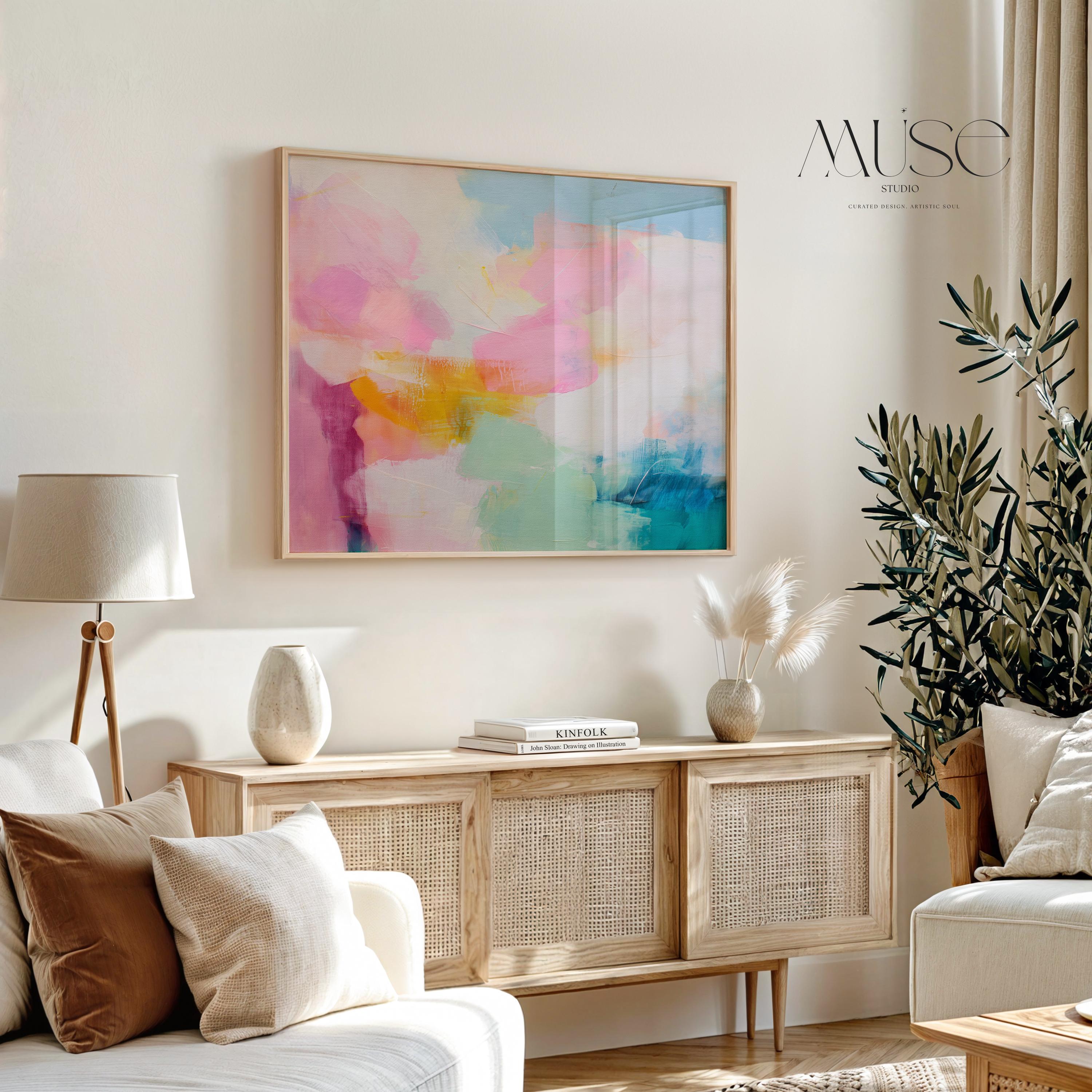 Soft coquette-inspired abstract artwork with a horizontal layout in blush pink, teal, aqua, and yellow. This bright and airy design blends feminine color pop style with soft contemporary brushstrokes. Offered as a gallery-wrapped canvas or fine art poster print. Ideal for bedrooms, nurseries, or stylish living spaces looking for a joyful color statement. Designed by Muse Studio for curated boutique interiors.